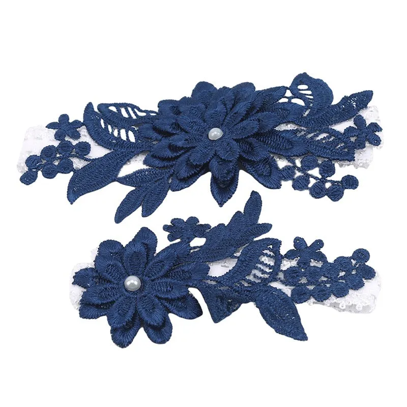 2Pcs Wedding Garter Navy White Embroidery Floral Sexy Garters Women/Female/Bride Thigh Ring Bridal L