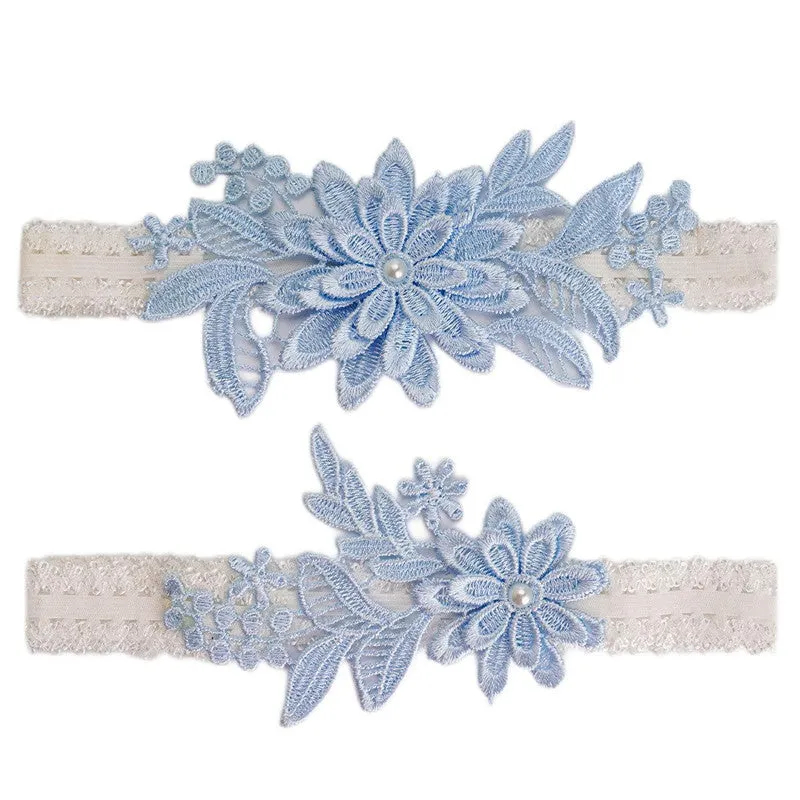 2Pcs Wedding Garter Navy White Embroidery Floral Sexy Garters Women/Female/Bride Thigh Ring Bridal L