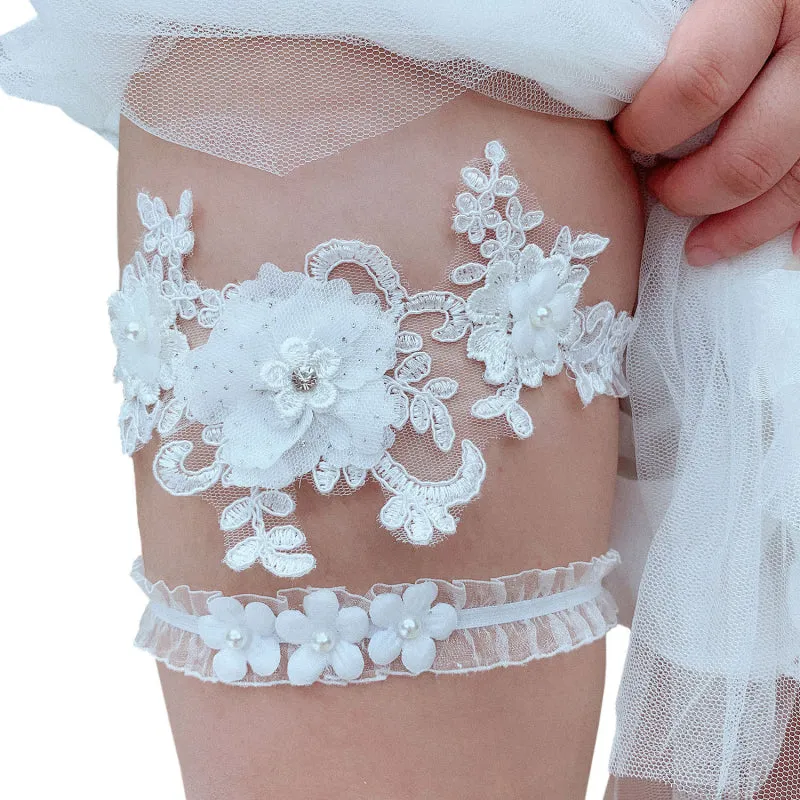 2Pcs Wedding Garter Navy White Embroidery Floral Sexy Garters Women/Female/Bride Thigh Ring Bridal L