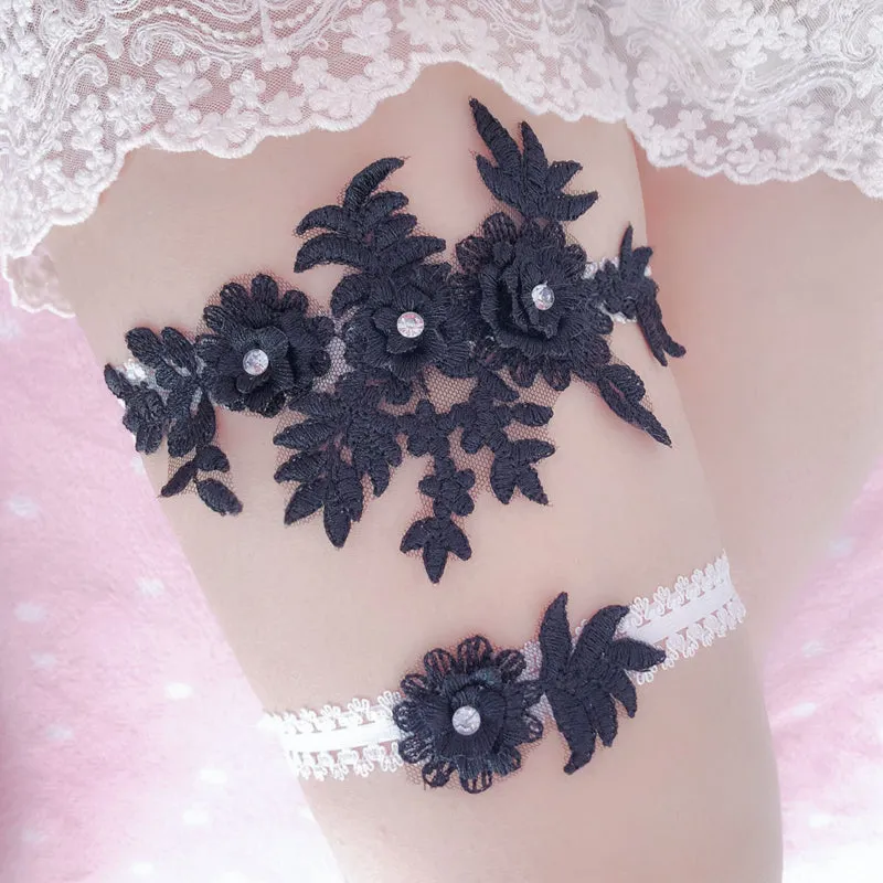 2Pcs Wedding Garter Navy White Embroidery Floral Sexy Garters Women/Female/Bride Thigh Ring Bridal L