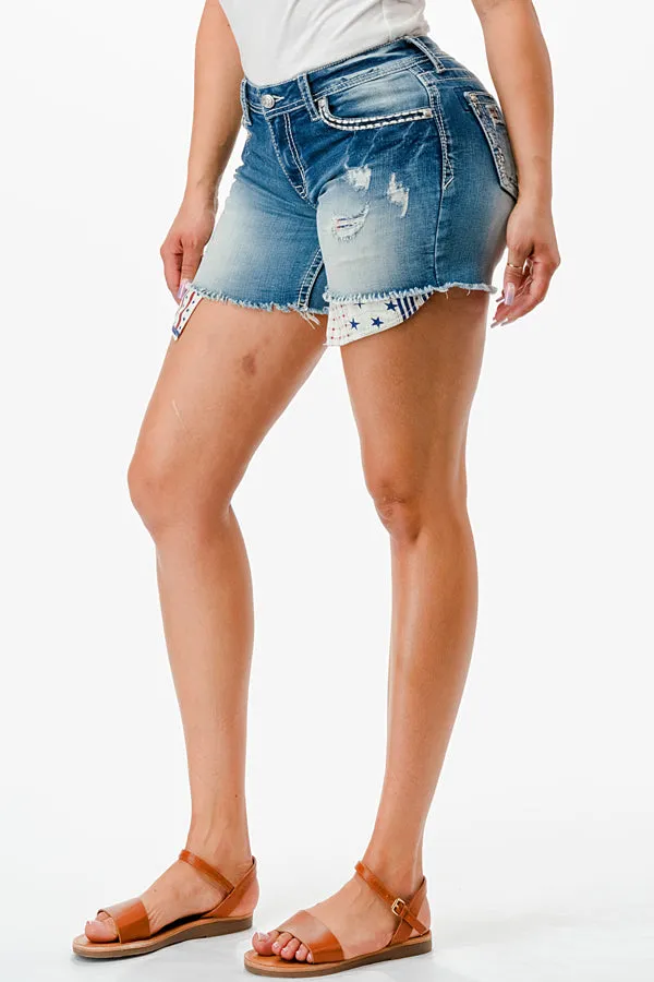 Americana Patch Work Mid Rise Denim Shorts