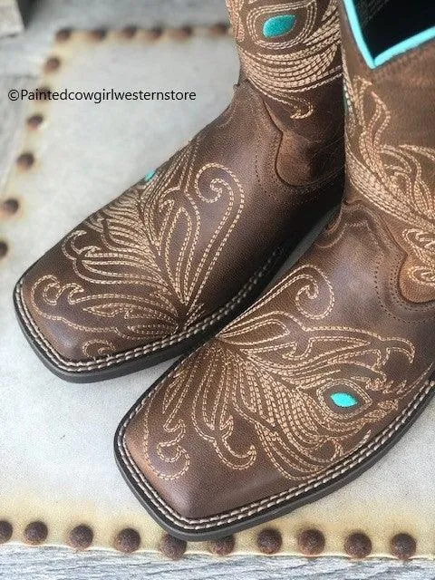 Ariat Women's Bright Eye II Brown Peacock Feather Square Toe Cowgirl Boots 10033983