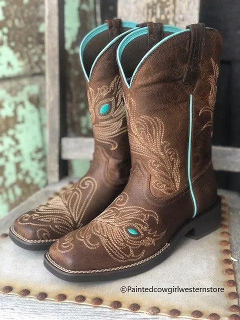 Ariat Women's Bright Eye II Brown Peacock Feather Square Toe Cowgirl Boots 10033983