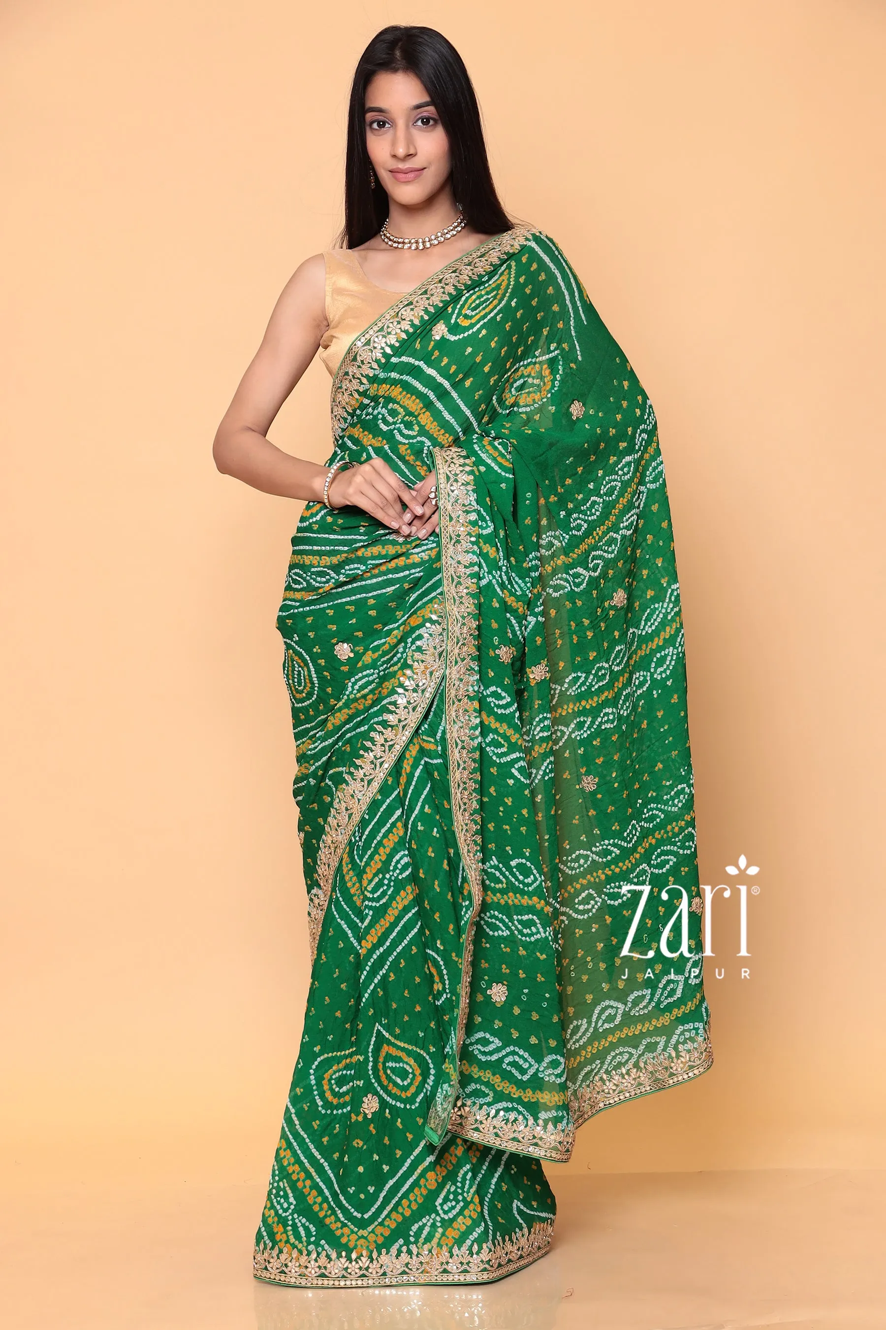 Bandhej Georgette Saree with Dori, Gota Patti work.