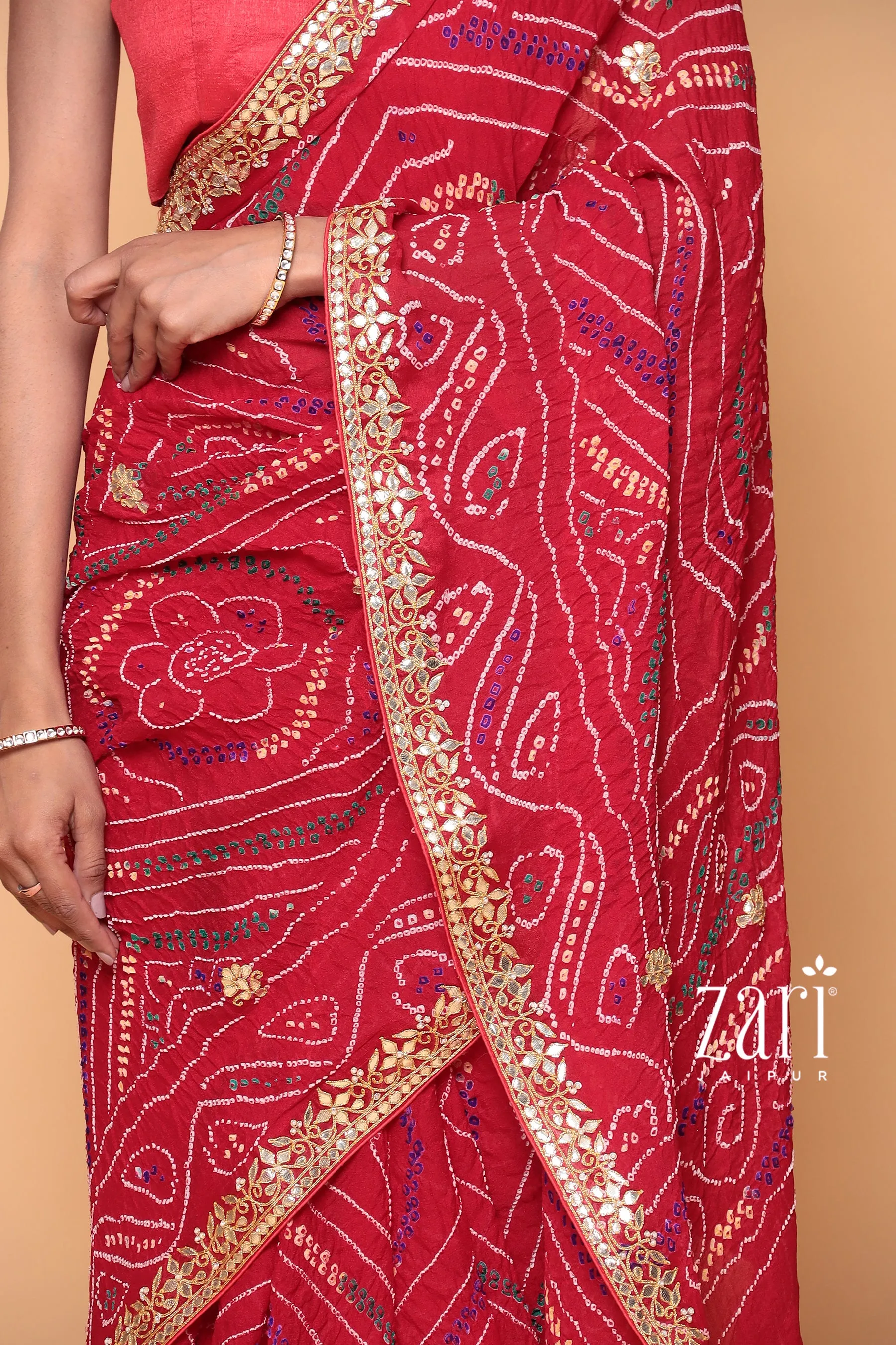 Bandhej Georgette Saree with Dori, Gota Patti work.