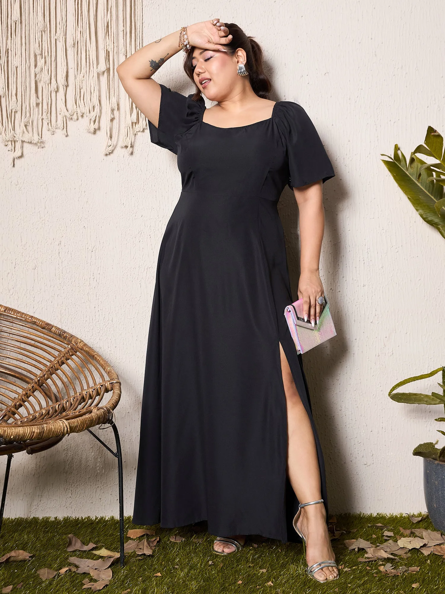 Berrylush Curve Women Solid Black Square Neck Puff Sleeves Thigh-High Slit Flared Maxi Dress