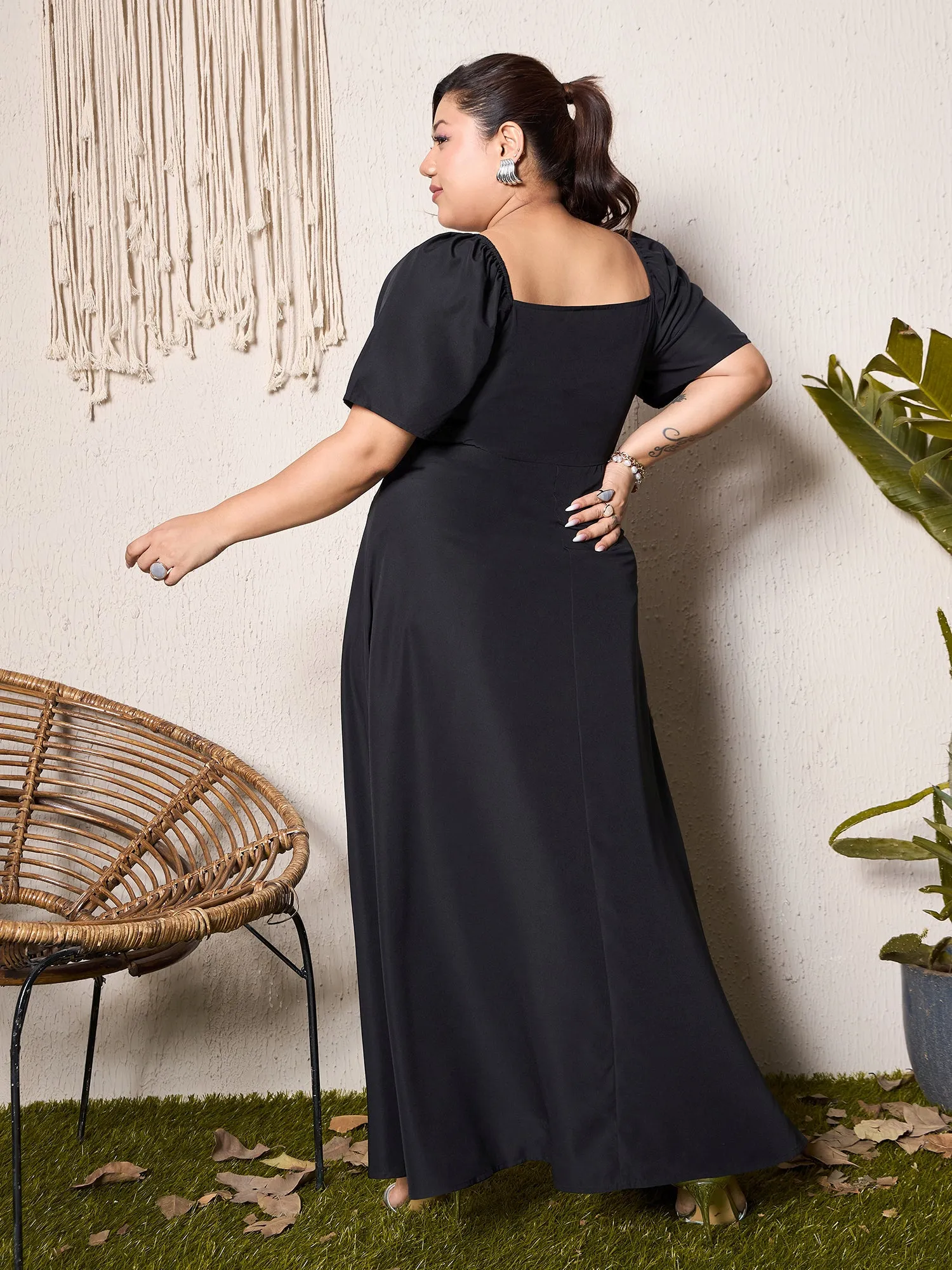 Berrylush Curve Women Solid Black Square Neck Puff Sleeves Thigh-High Slit Flared Maxi Dress