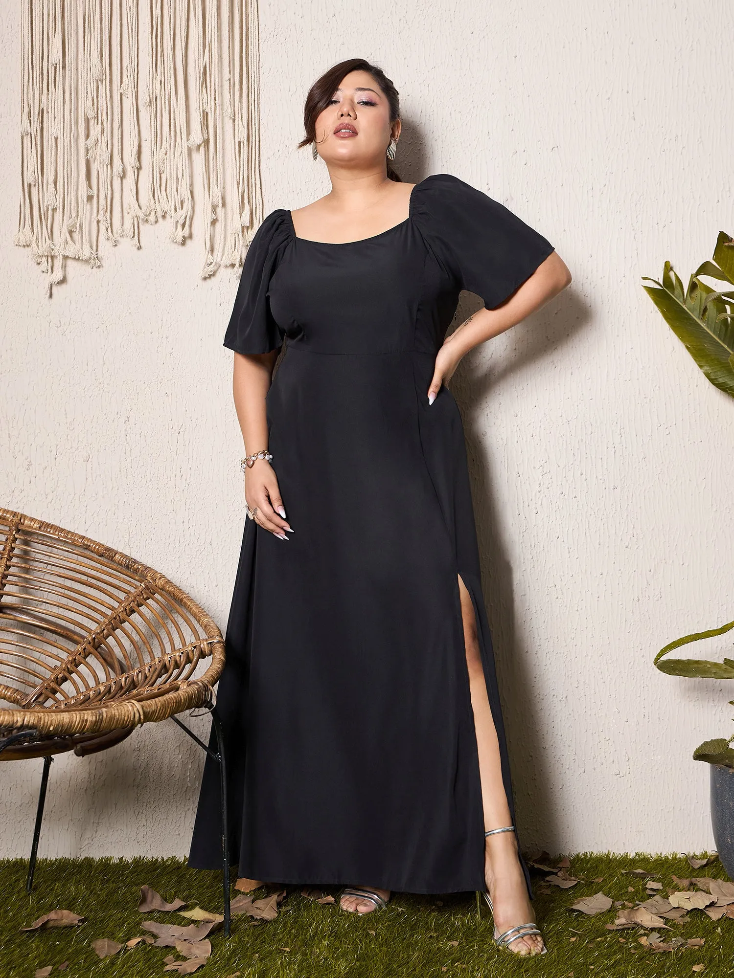 Berrylush Curve Women Solid Black Square Neck Puff Sleeves Thigh-High Slit Flared Maxi Dress