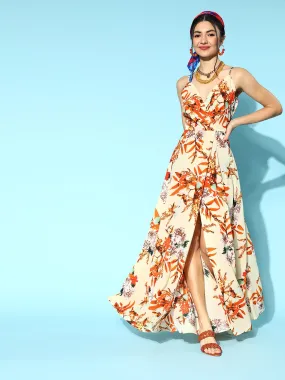 Berrylush Women Beige & Orange Floral Printed V-Neck Thigh-High Slit Crepe Flared Maxi Dress