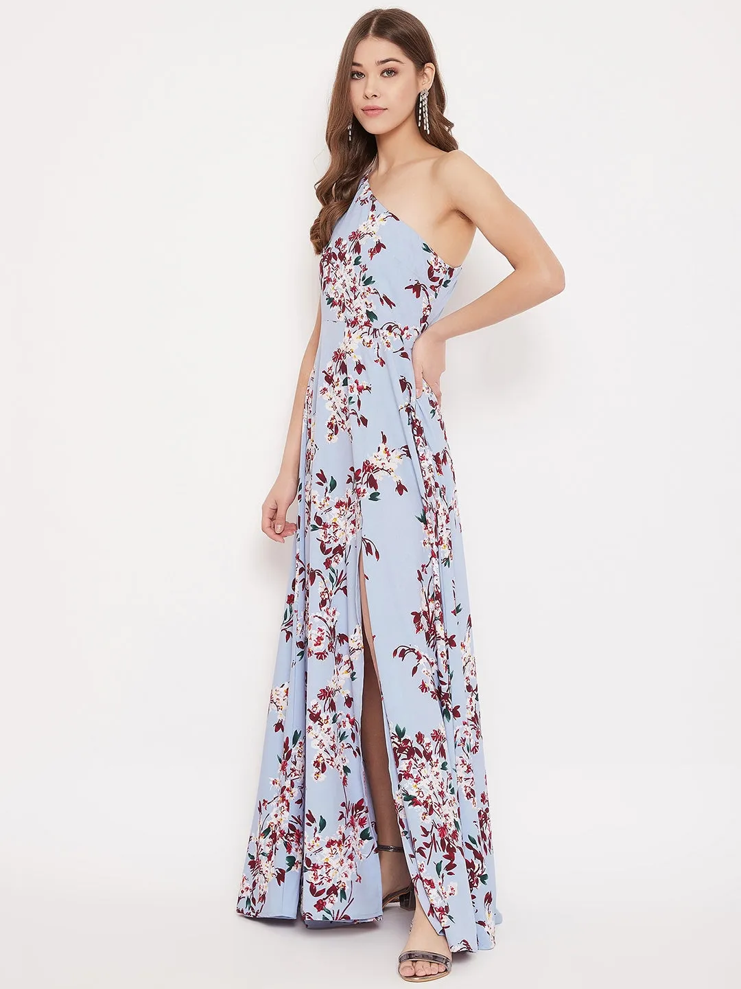 Berrylush Women Blue & Maroon Floral Printed One-Shoulder Neck Thigh-High Slit Flared Maxi Dress