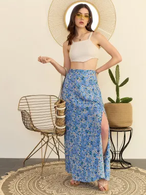 Berrylush Women Blue & White Floral Printed High-Rise Waist Slip-On Thigh-High Slit Flared Maxi Skirt