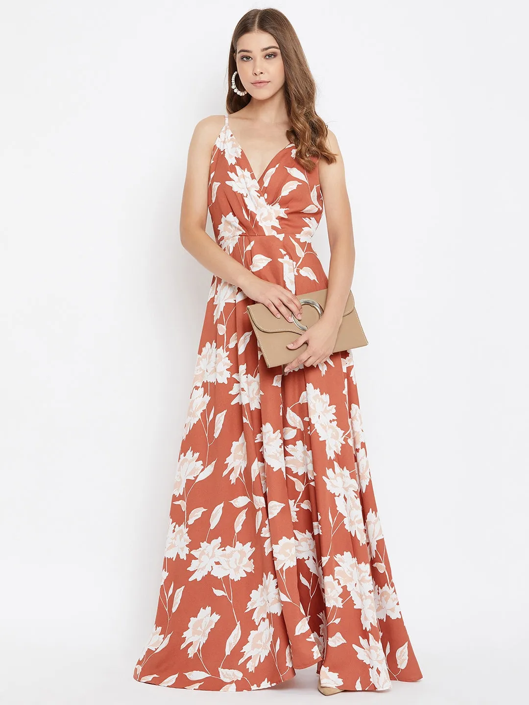 Berrylush Women Brown & White Floral Printed V-Neck Thigh-Slit Pleated Maxi Dress