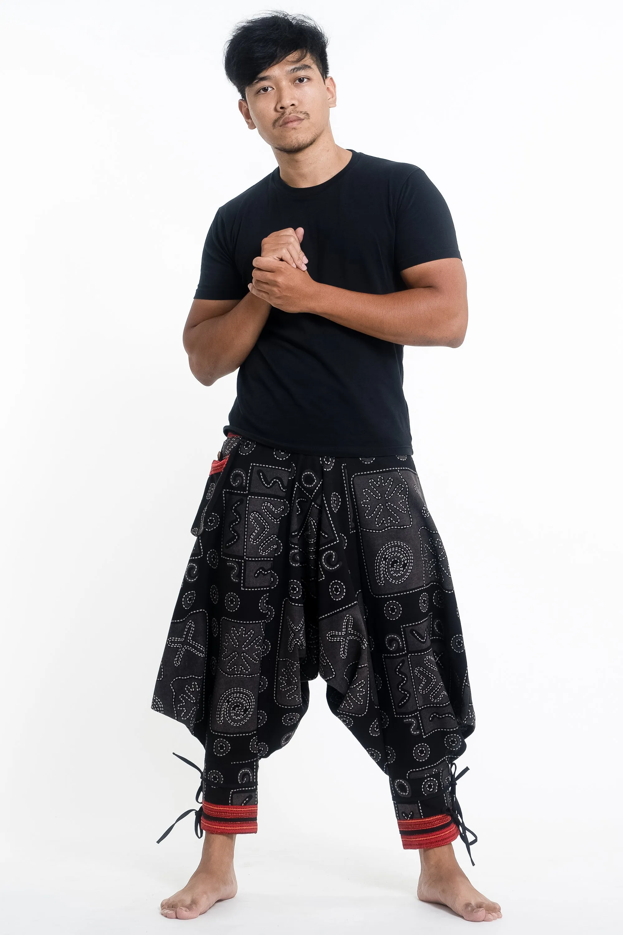 Black and Gray Thai Hill Tribe Fabric Men's Harem Pants with Ankle Straps