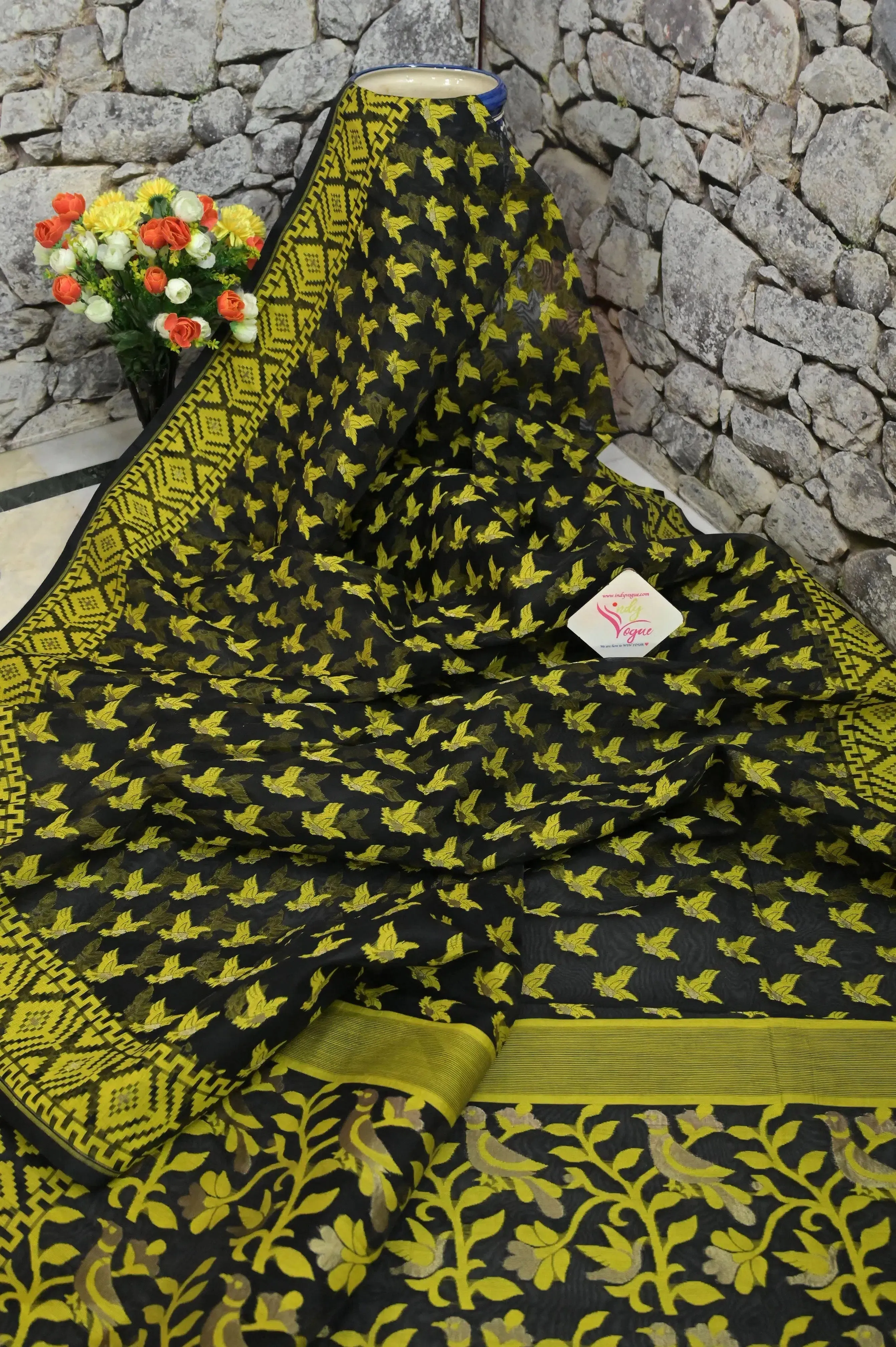 Black Color Jamdani Saree with Yellow Thread Work with Bird Butta Work