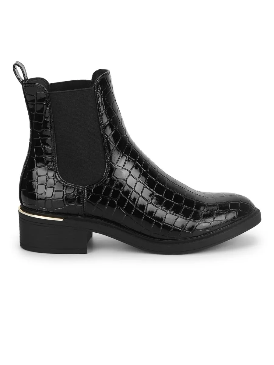 Black Croc Patent Low Heel Ankle Boot