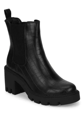 Black Croc PU Slip On Platform Ankle Boots