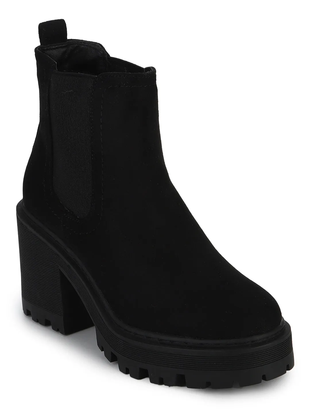 Black Micro Cleated Platform Low Block Heel Ankle Boots