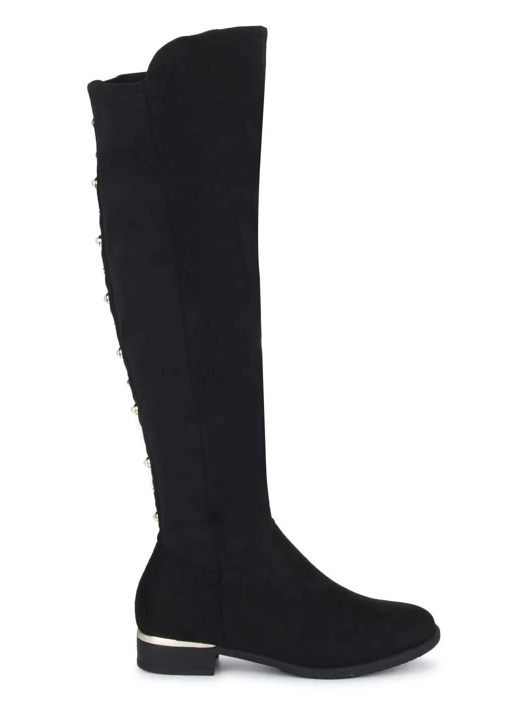 Black Micro Low Heel Golden Detailed Long Boots