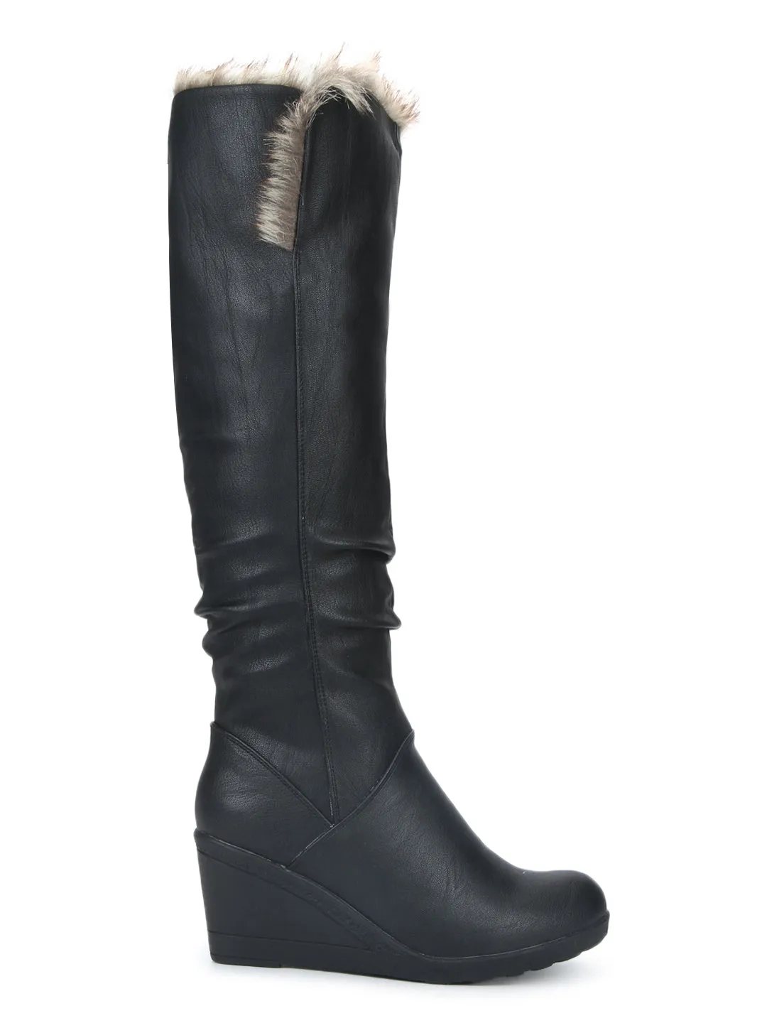 Black Nubuck Fur Down Collar Mid Calf Long Boots