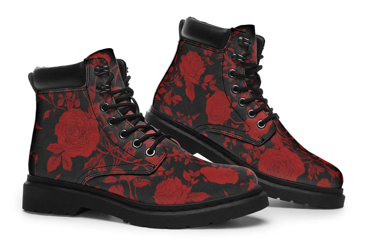 Blood Rose Romance Classic Boots - High Quality Micro-Suede Weatherproof Vegan Shoes with Stitched on Soles