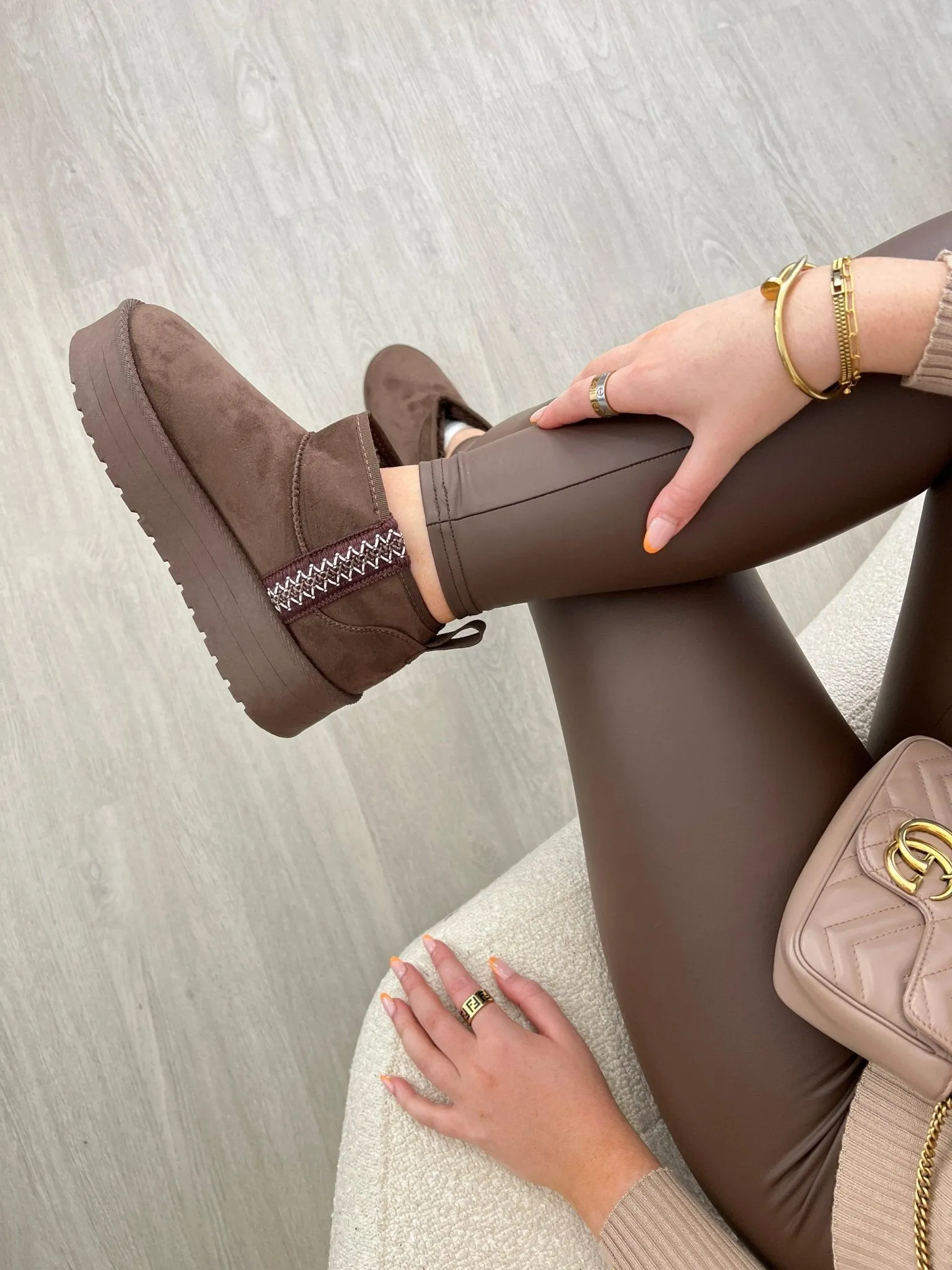 Brown Faux Fur Mini Platform Boots with Stitch Detail