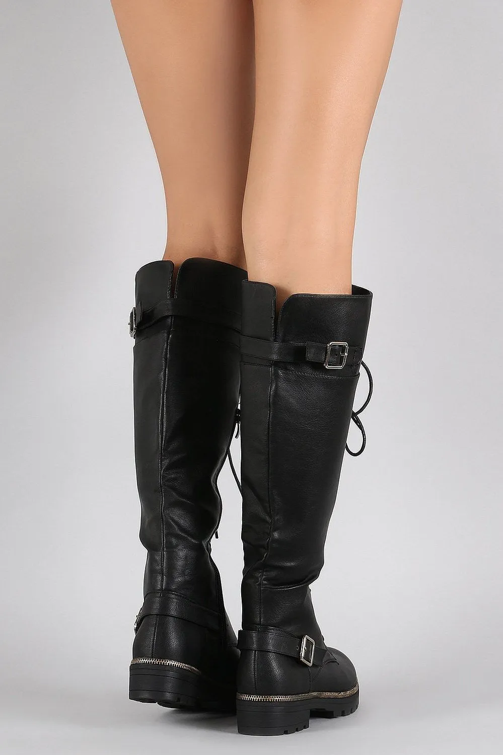 Buckled Combat Lace Up Lug Sole Knee High Vegan Leather Boots