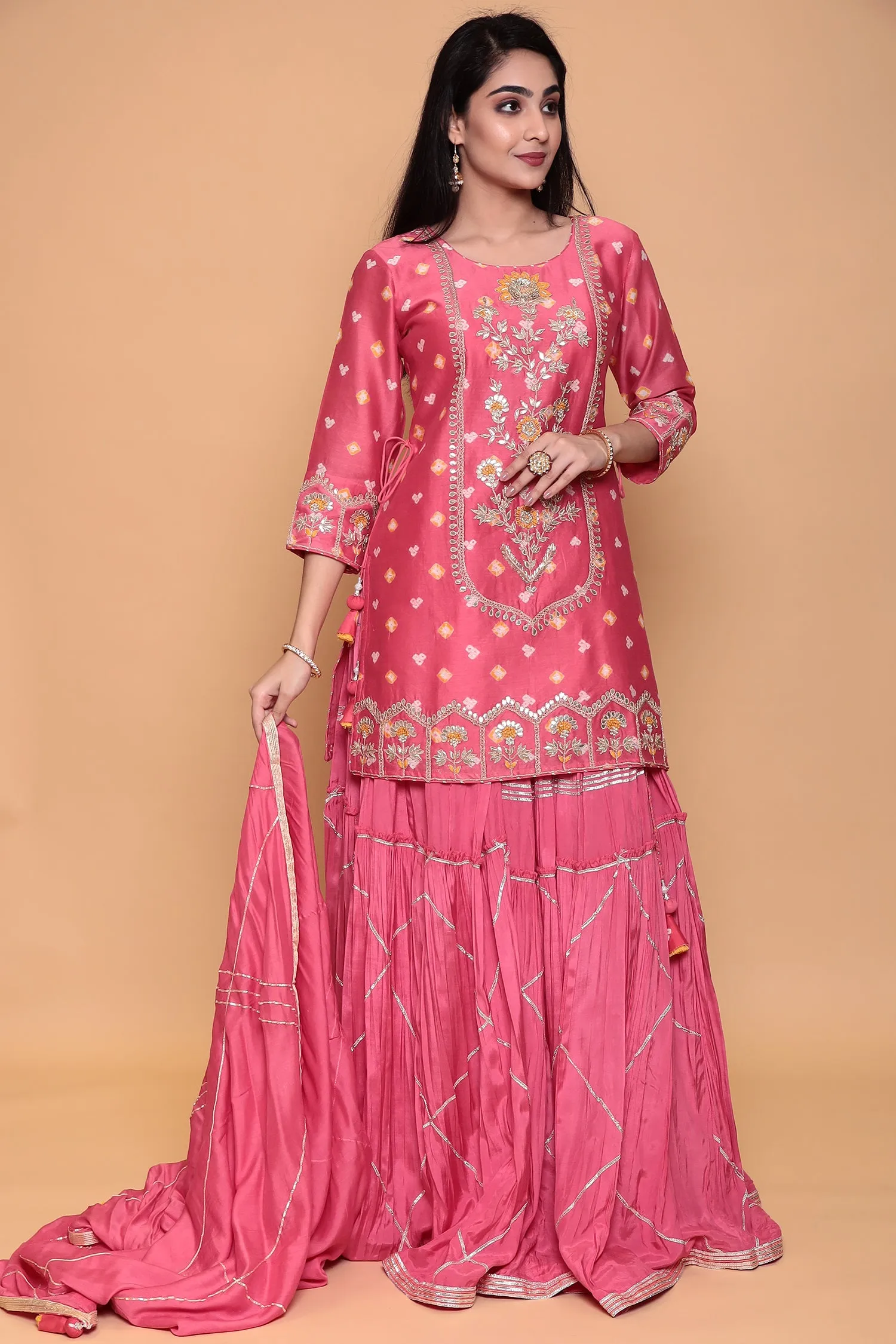 Chanderi Bandhej Suit with Zardozi and Thread work.