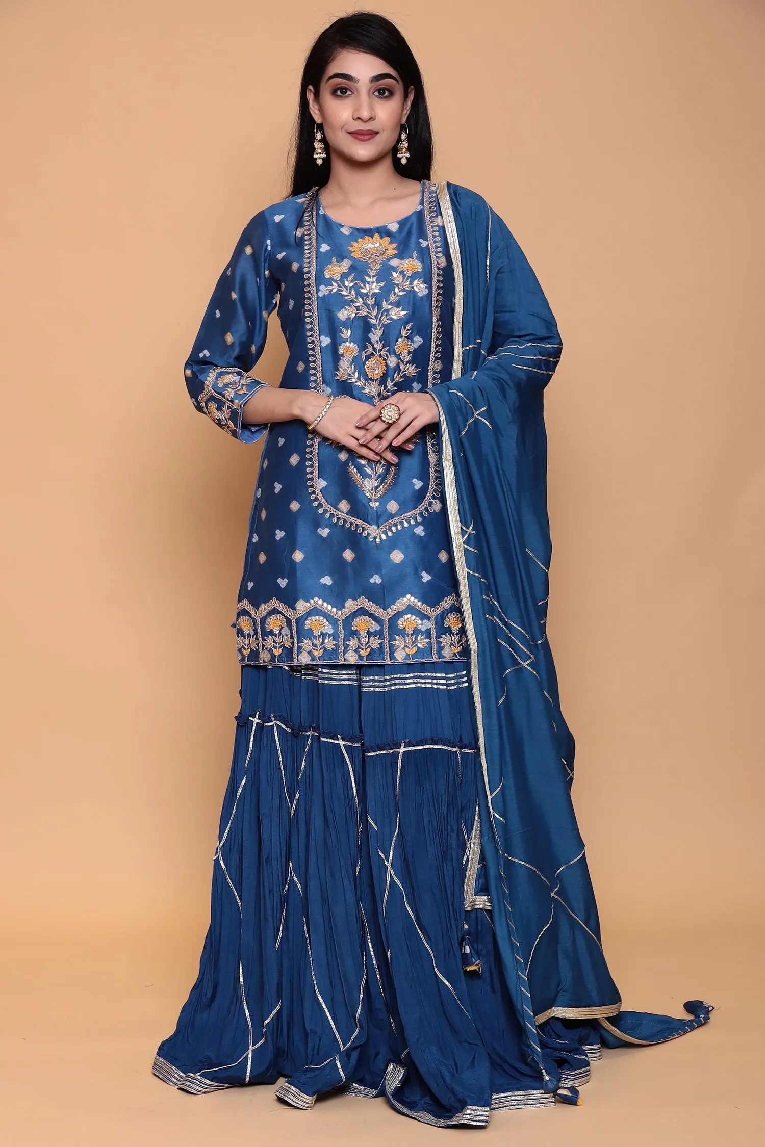 Chanderi Bandhej Suit with Zardozi and Thread work.