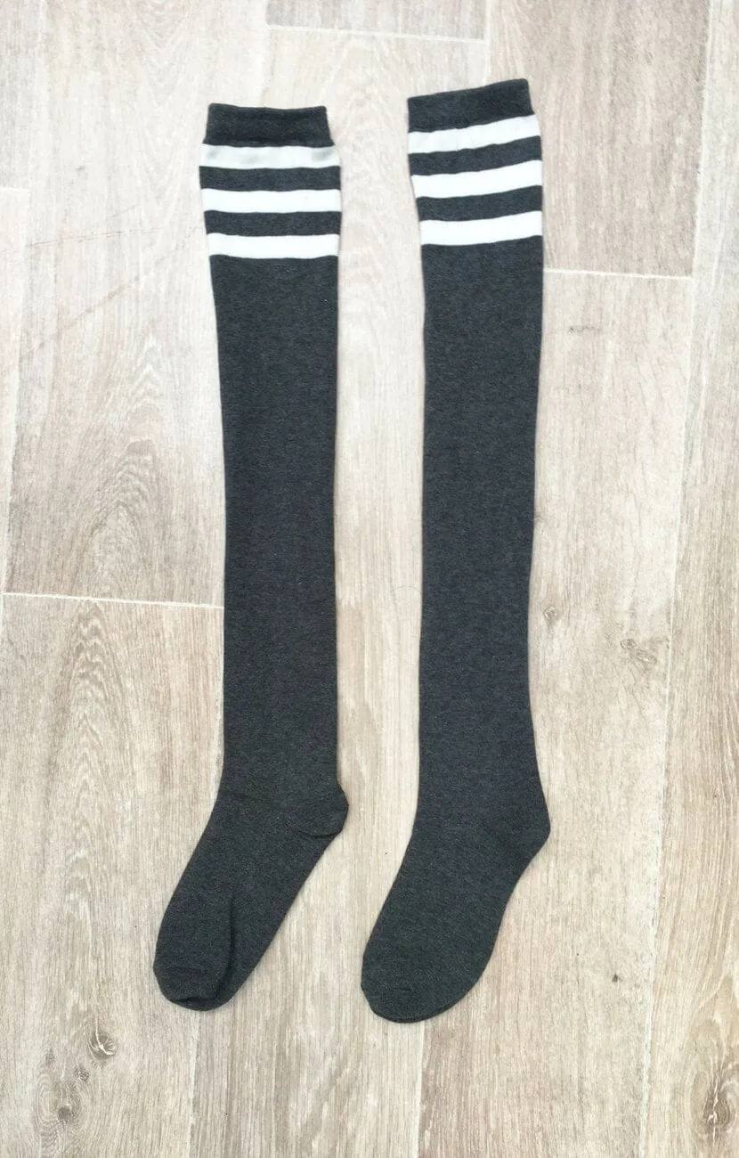 Charcoal Thigh High Socks With White Stripe