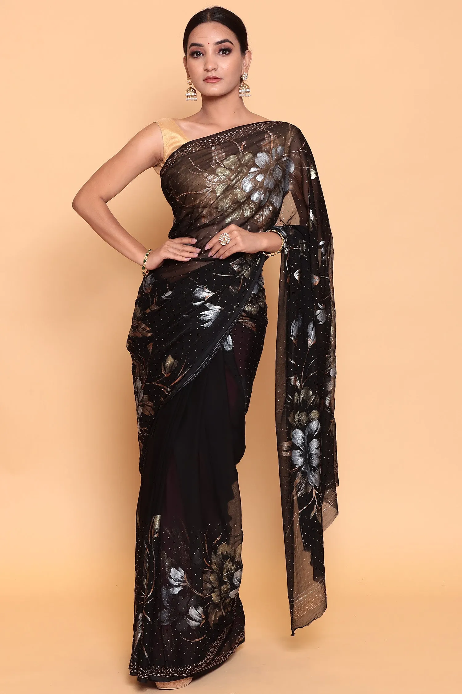 Chiffon  Saree with Swarovski, Foil print work.