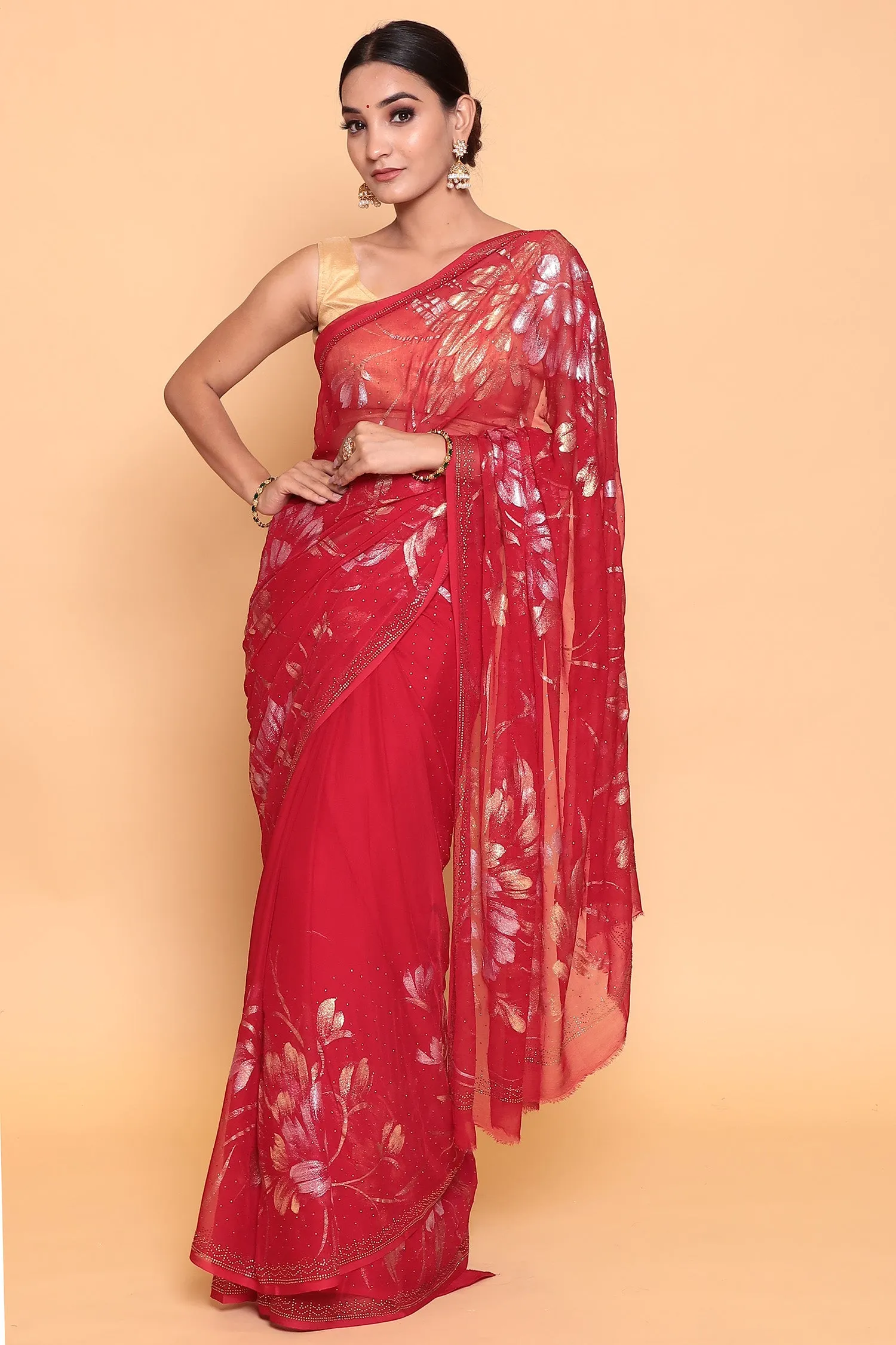 Chiffon  Saree with Swarovski, Foil print work.