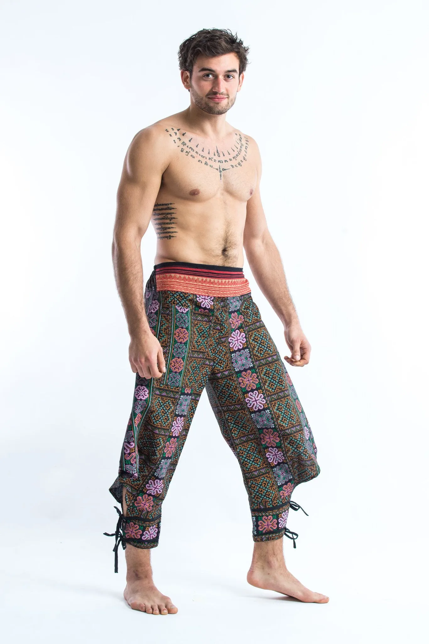 Clovers Thai Hill Tribe Fabric Men's Harem Pants with Ankle Straps in Spring Brass