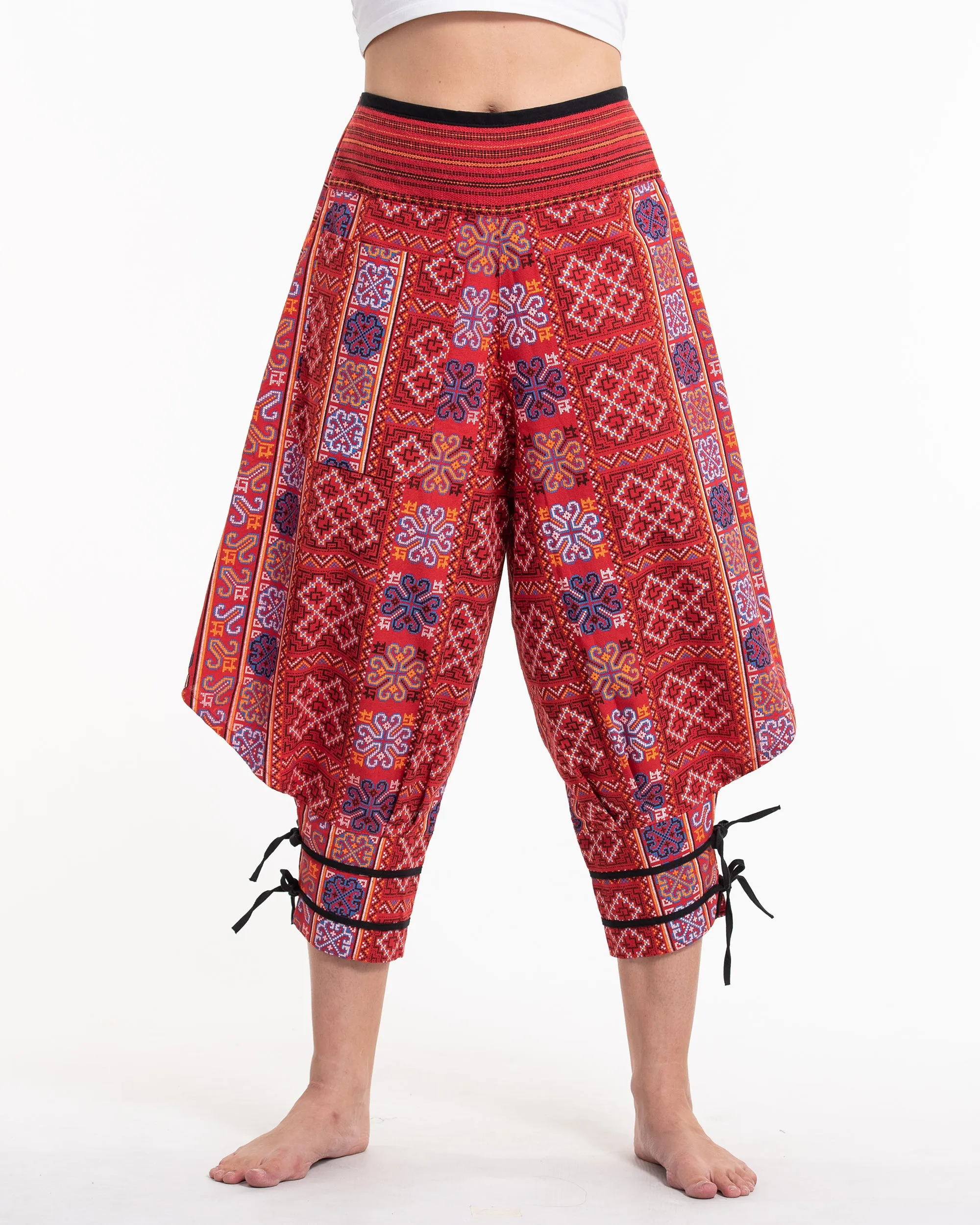 Clovers Thai Hill Tribe Fabric Women's Harem Pants with Ankle Straps in Bright Red