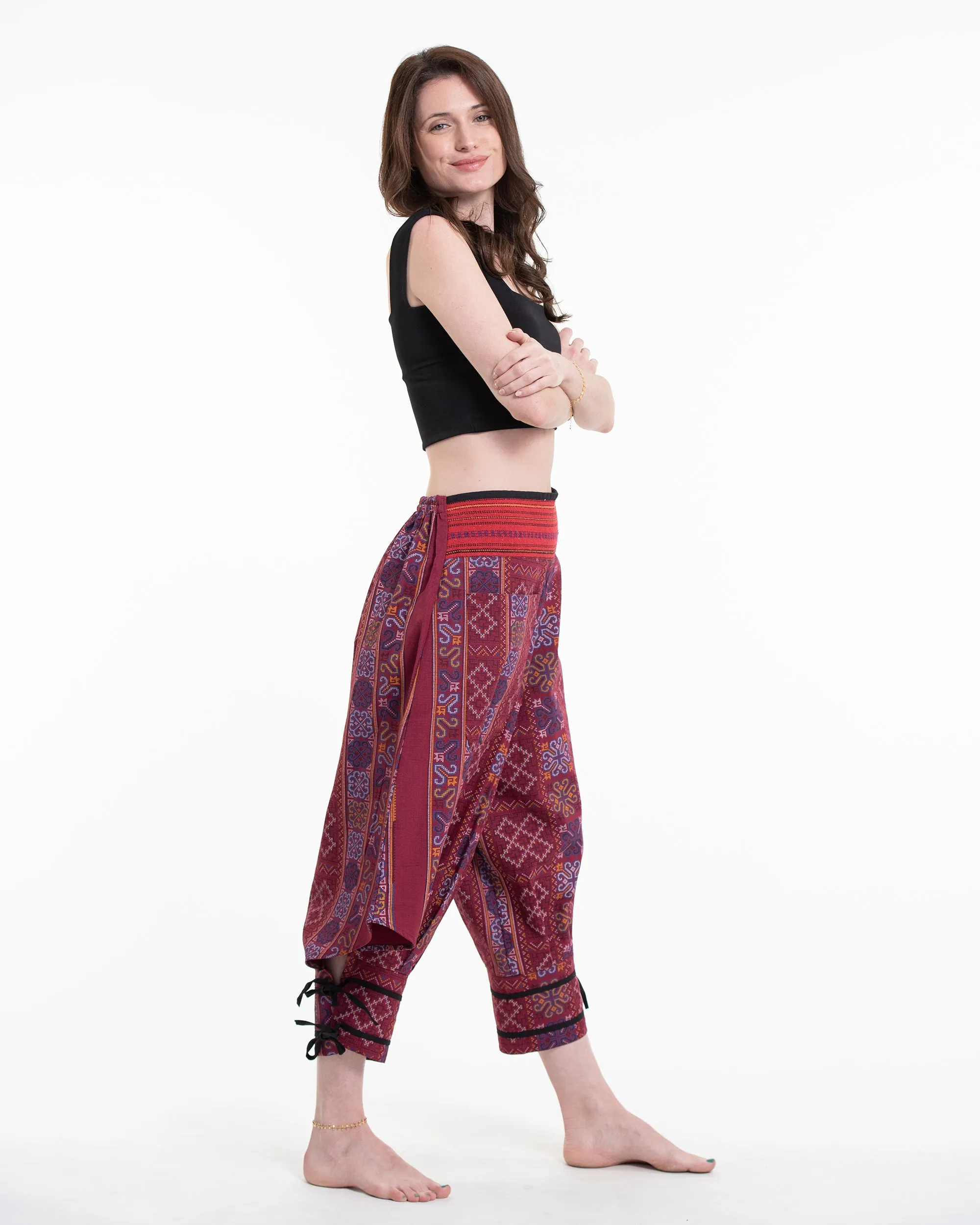 Clovers Thai Hill Tribe Fabric Women's Harem Pants with Ankle Straps in Maroon