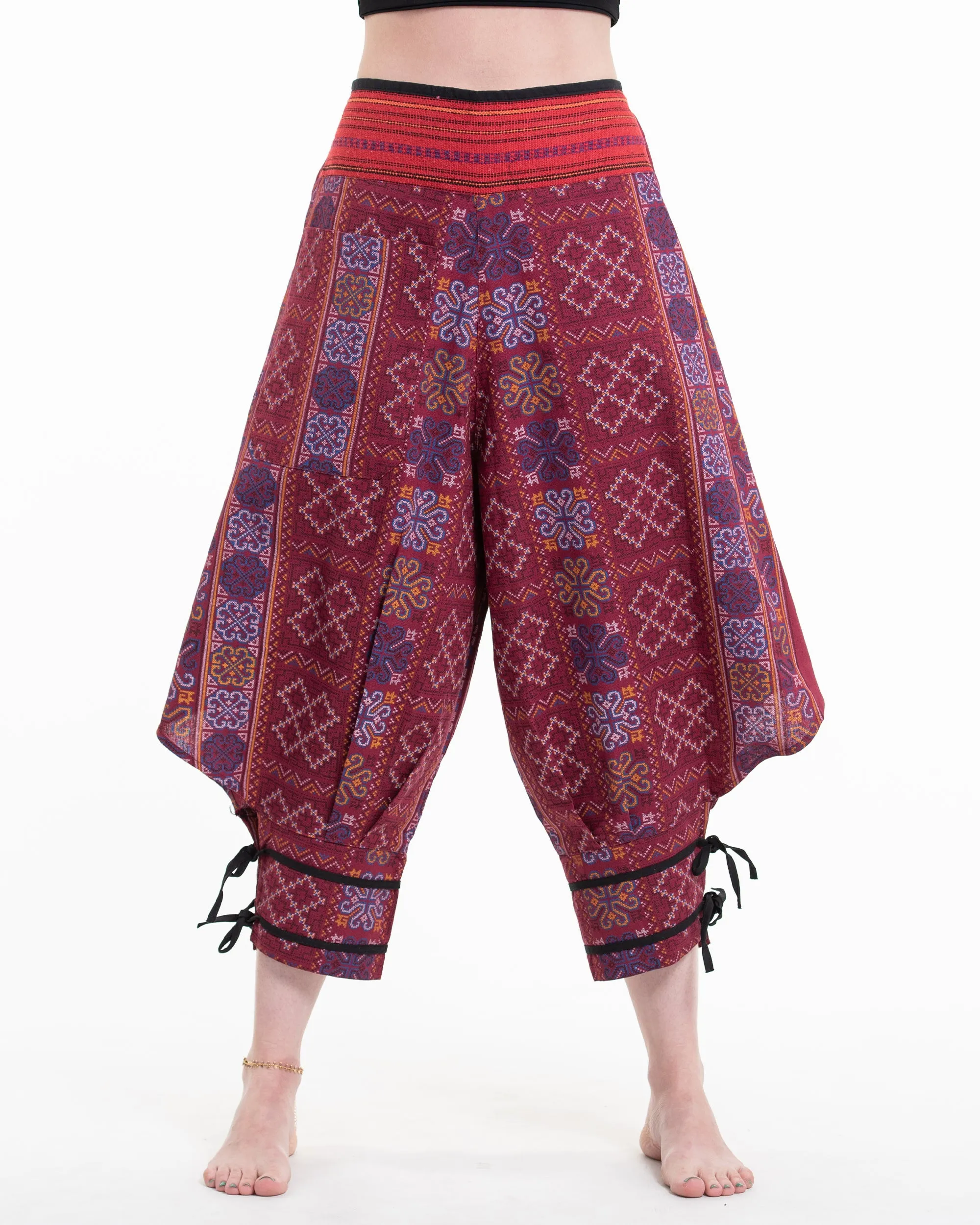 Clovers Thai Hill Tribe Fabric Women's Harem Pants with Ankle Straps in Maroon