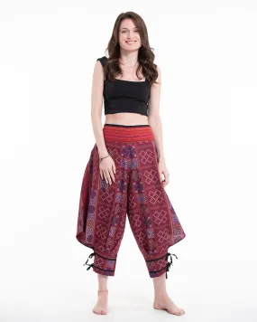 Clovers Thai Hill Tribe Fabric Women's Harem Pants with Ankle Straps in Maroon