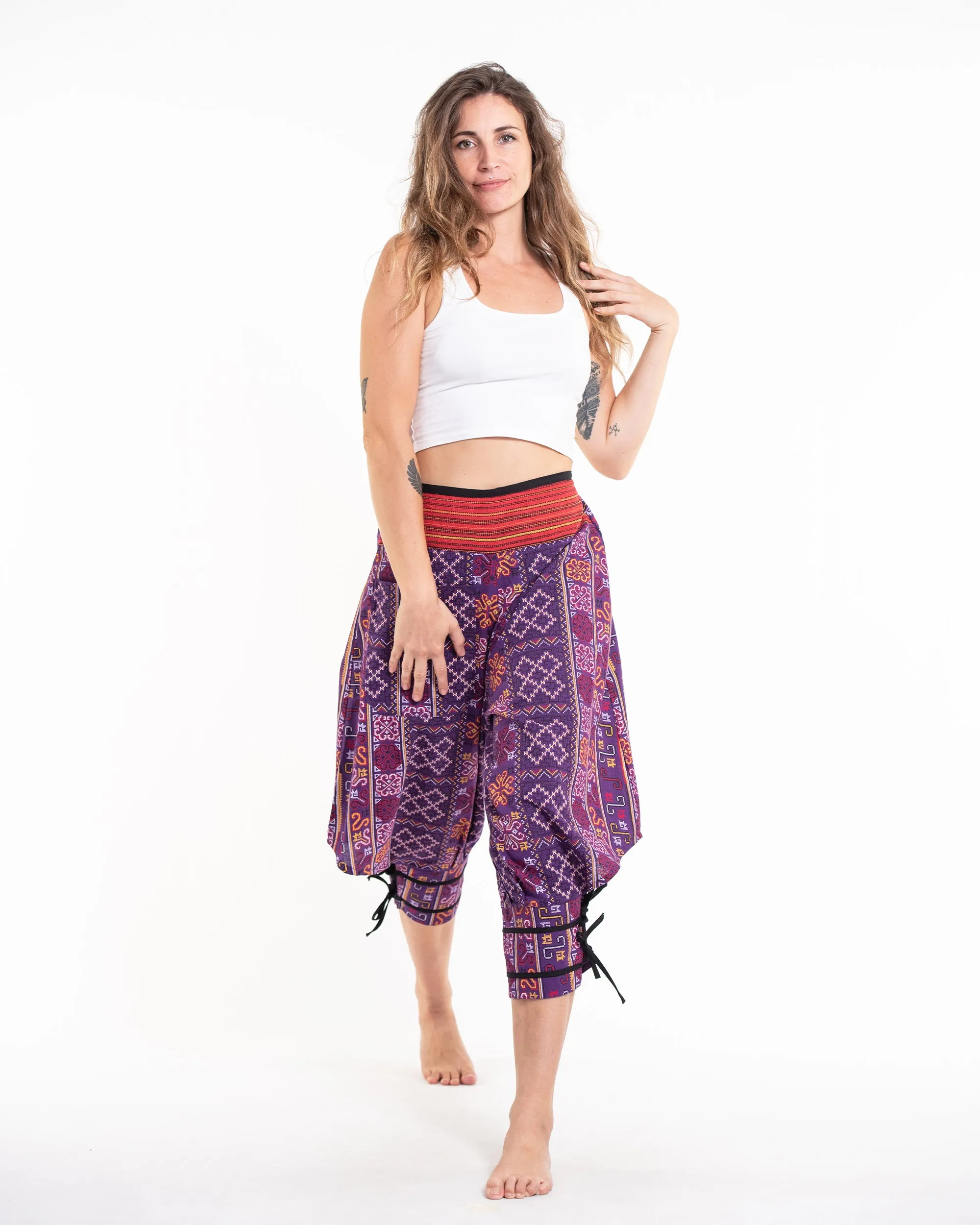 Clovers Thai Hill Tribe Fabric Women's Harem Pants with Ankle Straps in Violet