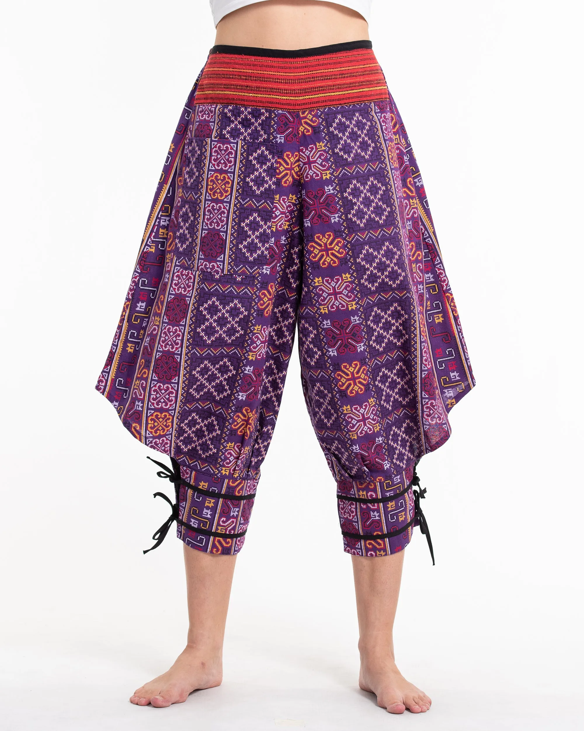 Clovers Thai Hill Tribe Fabric Women's Harem Pants with Ankle Straps in Violet