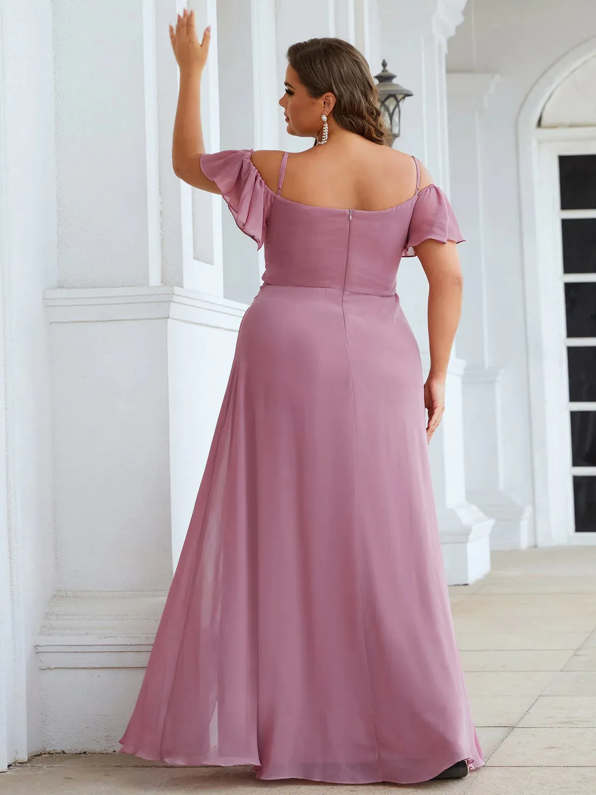 Cold Shoulder Flowy Thigh Slit Plus Size Evening Dress