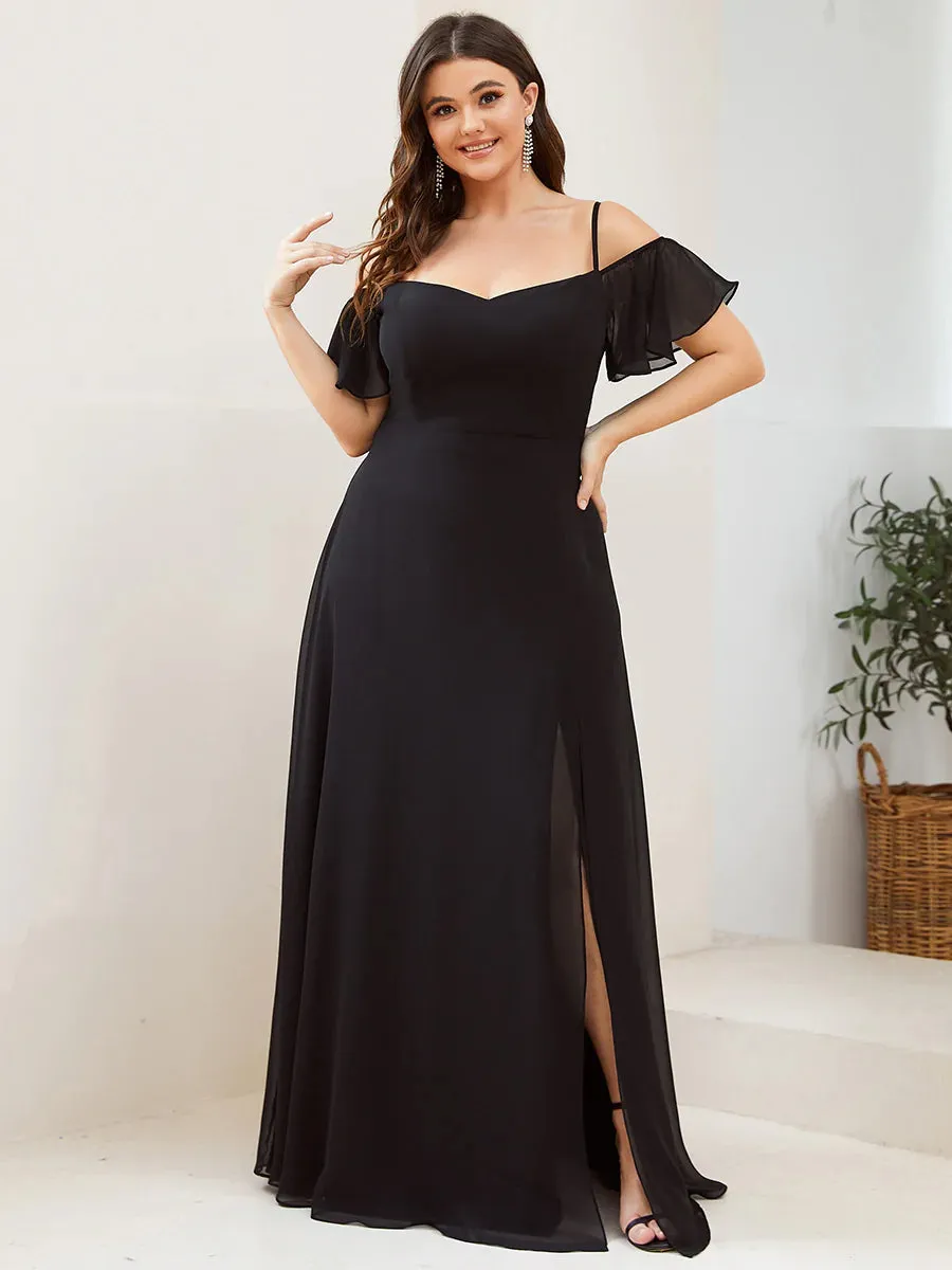 Cold Shoulder Flowy Thigh Slit Plus Size Evening Dress