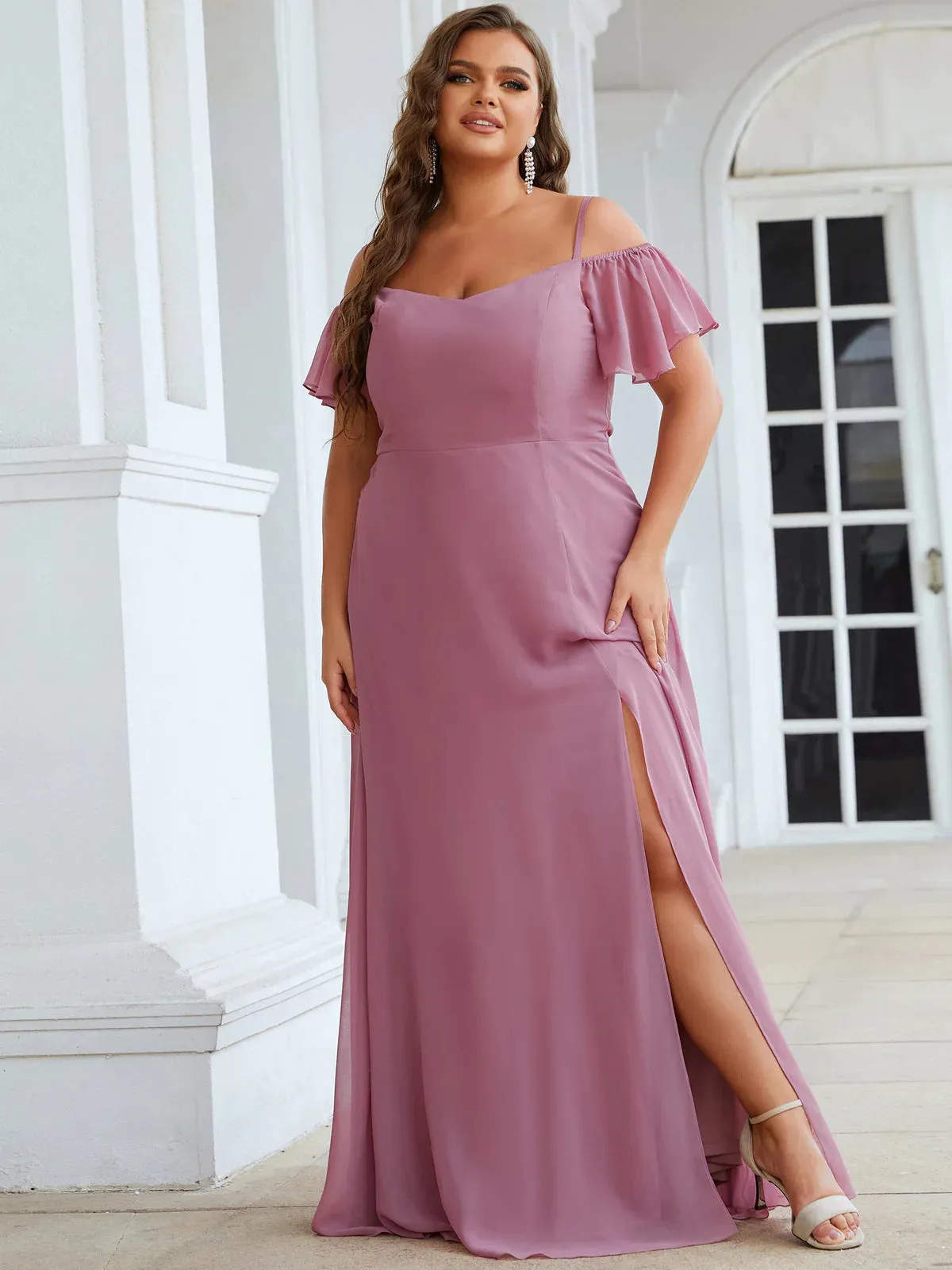 Cold Shoulder Flowy Thigh Slit Plus Size Evening Dress