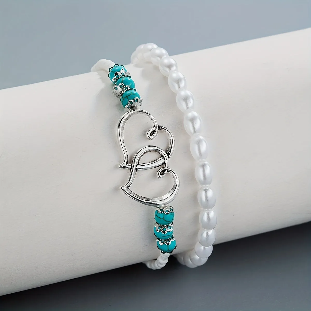 Double Hollow Out Love Heart Beaded Anklet Set With Faux Pearls Turquoise Beads Stackable Ankle Bracelet