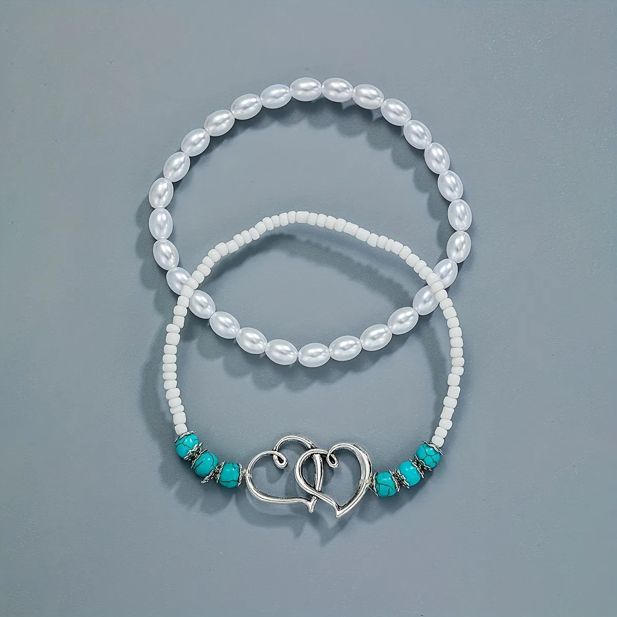 Double Hollow Out Love Heart Beaded Anklet Set With Faux Pearls Turquoise Beads Stackable Ankle Bracelet