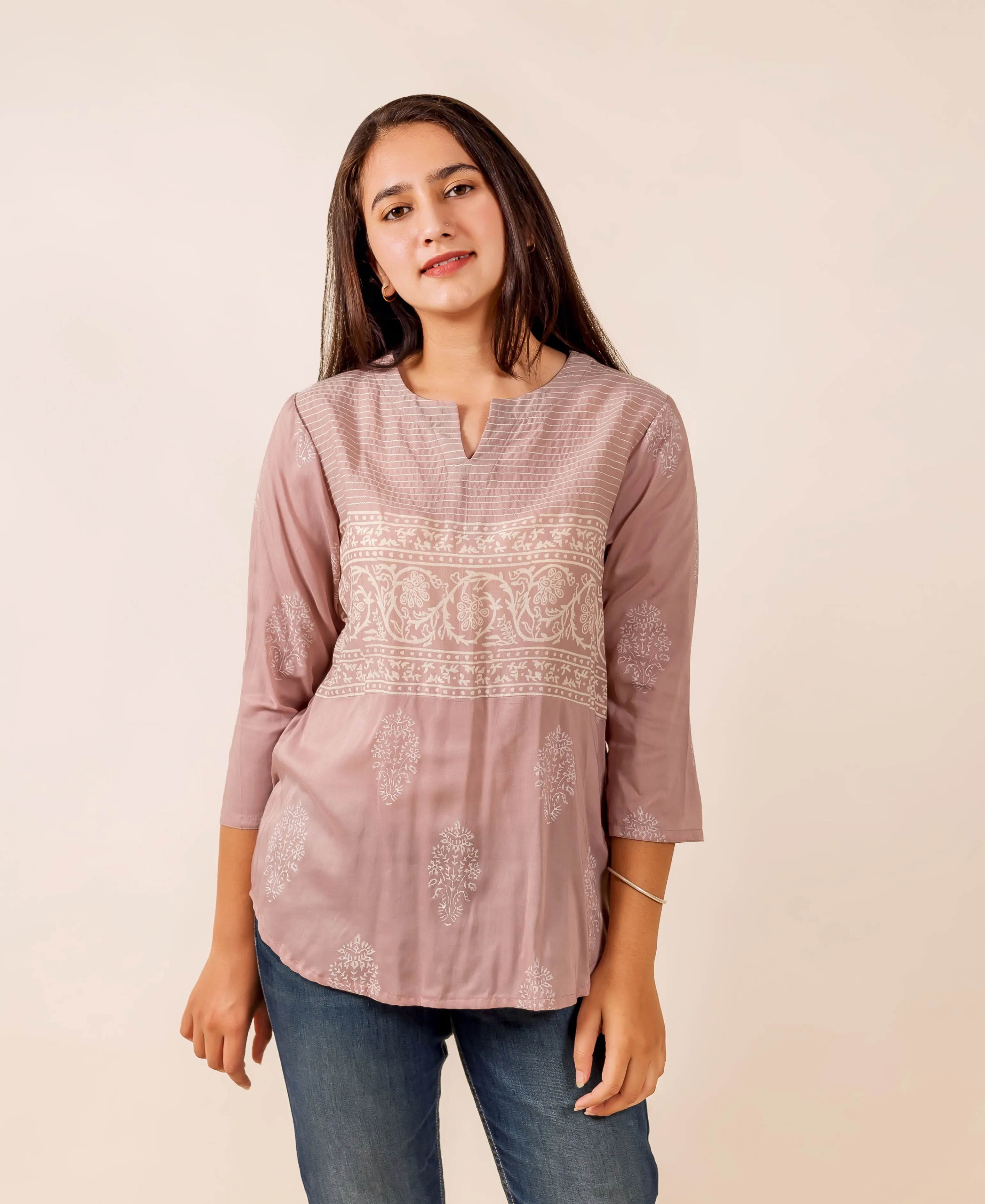 Dusty Pink Printed Top with Thread Work