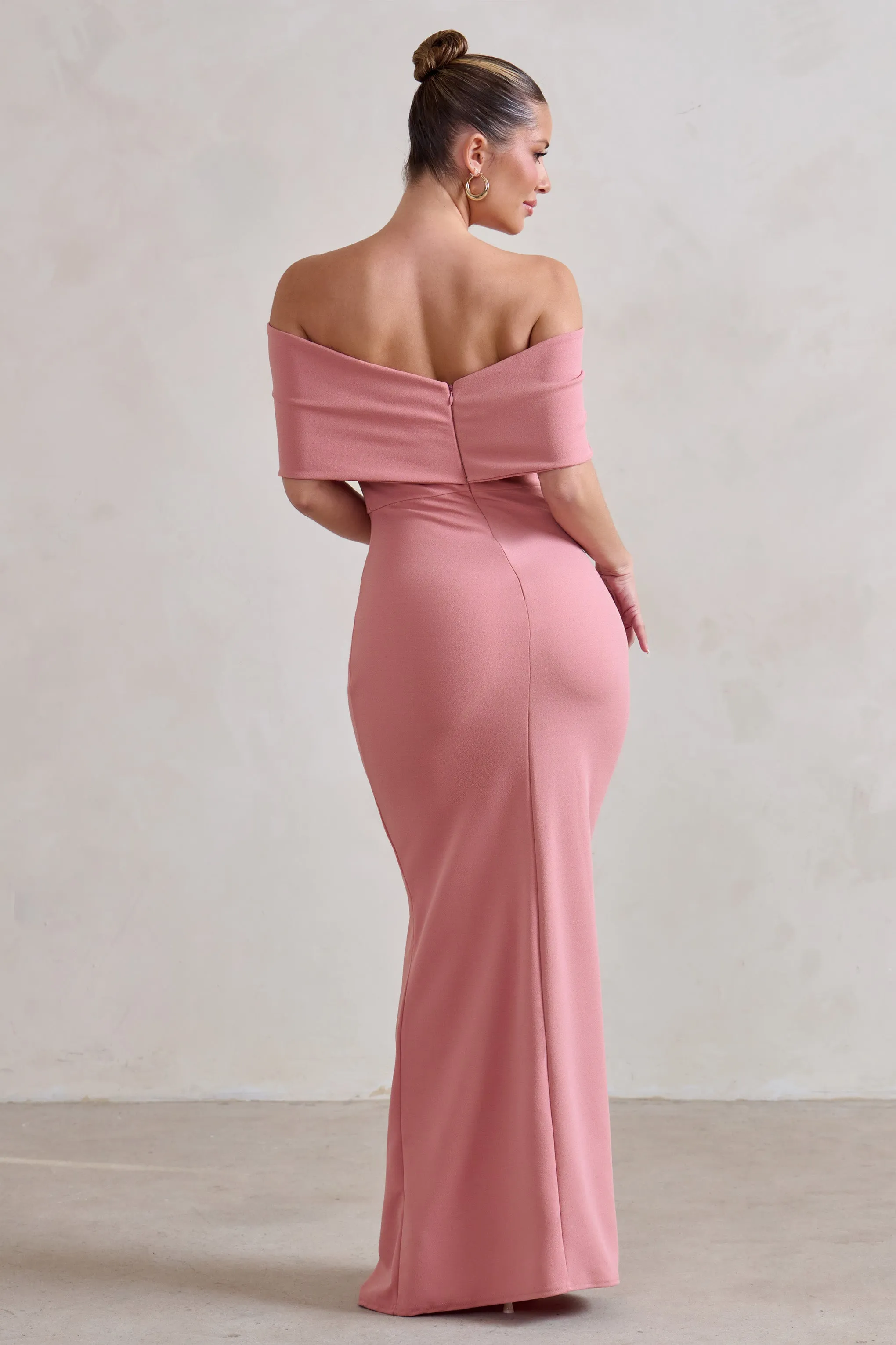 Eva | Powder Pink Bardot Bow Detail Maxi Dress With Thigh Split