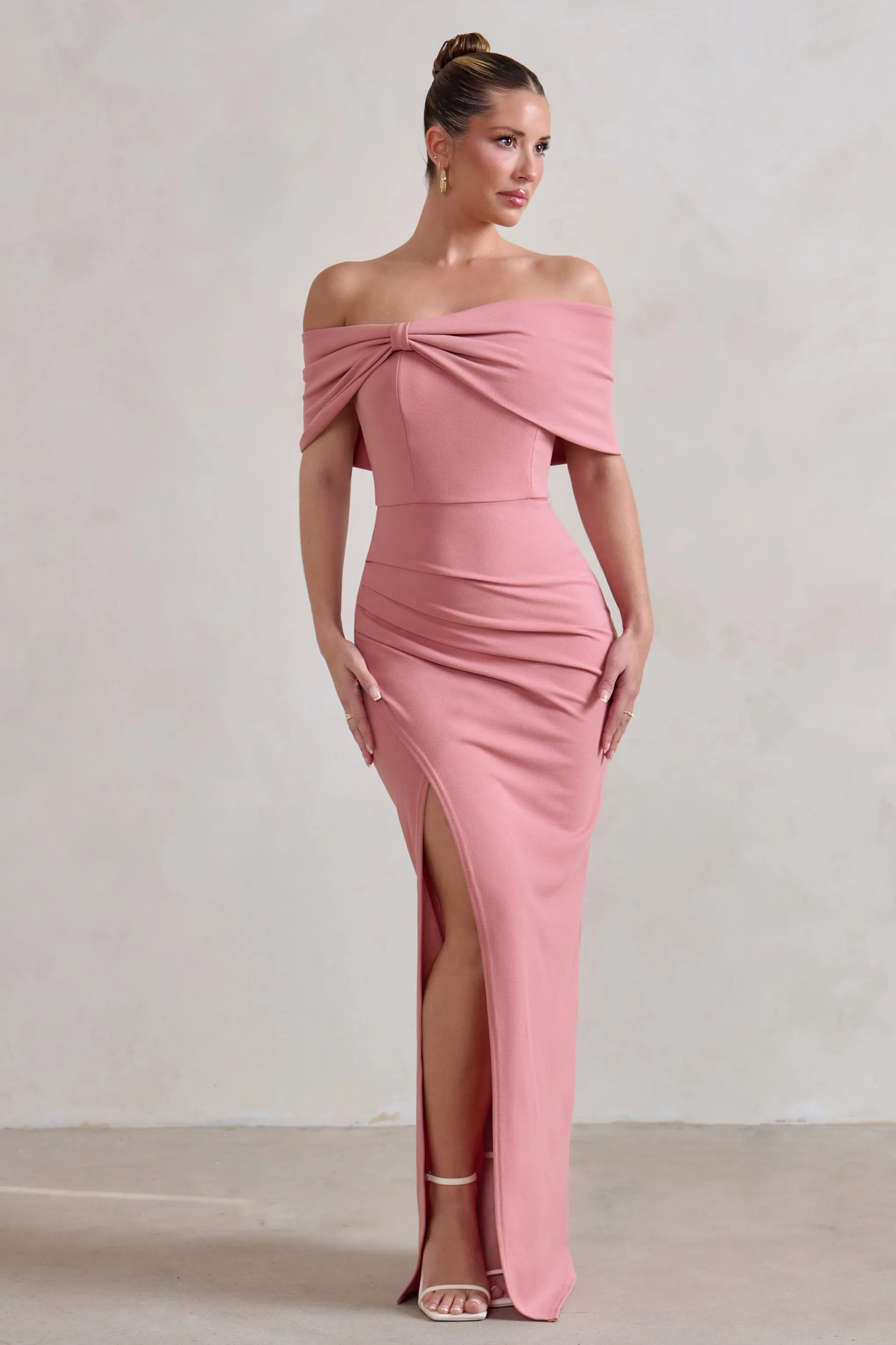 Eva | Powder Pink Bardot Bow Detail Maxi Dress With Thigh Split