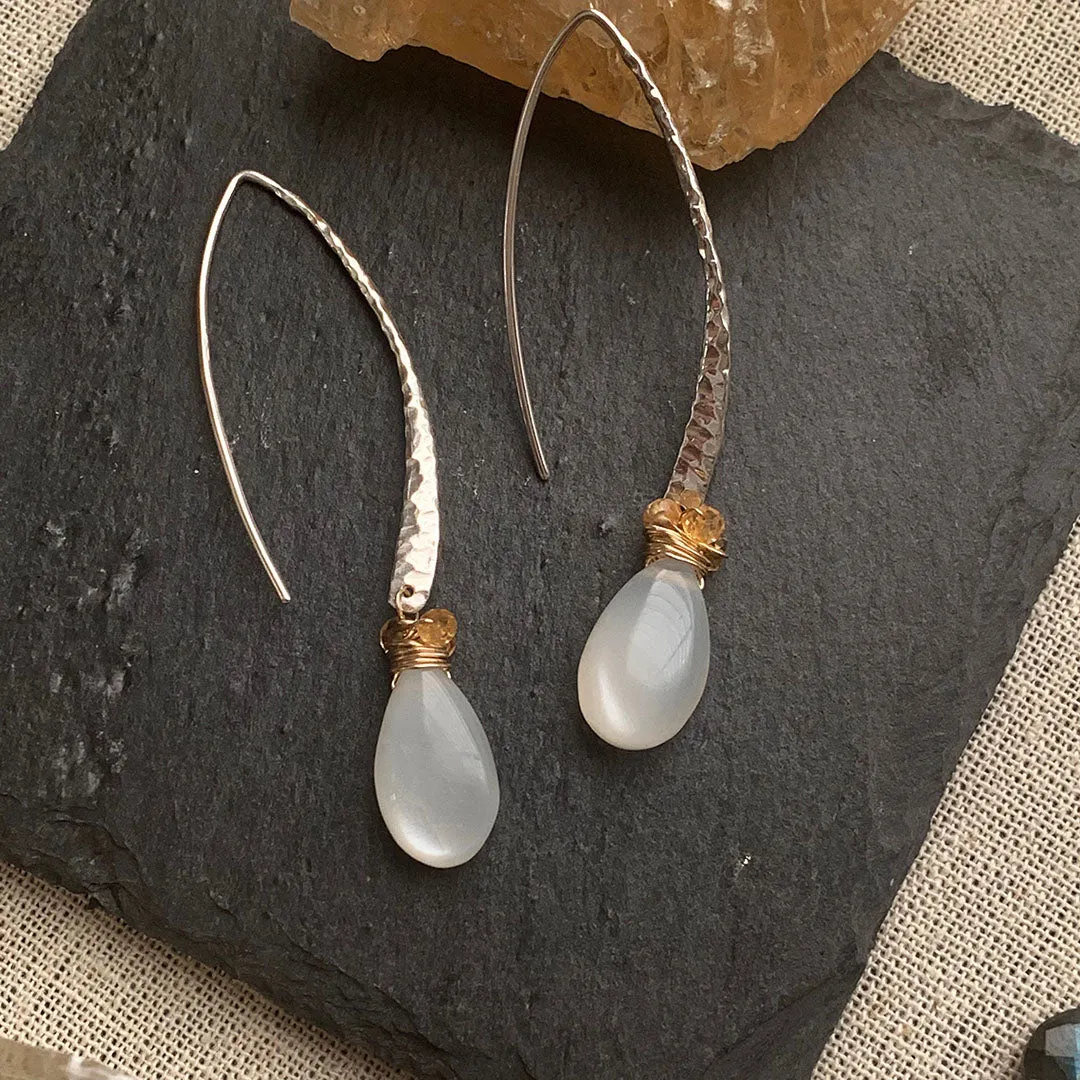 First Snow - Moonstone Hammered Sterling Silver Drop Hook Earrings