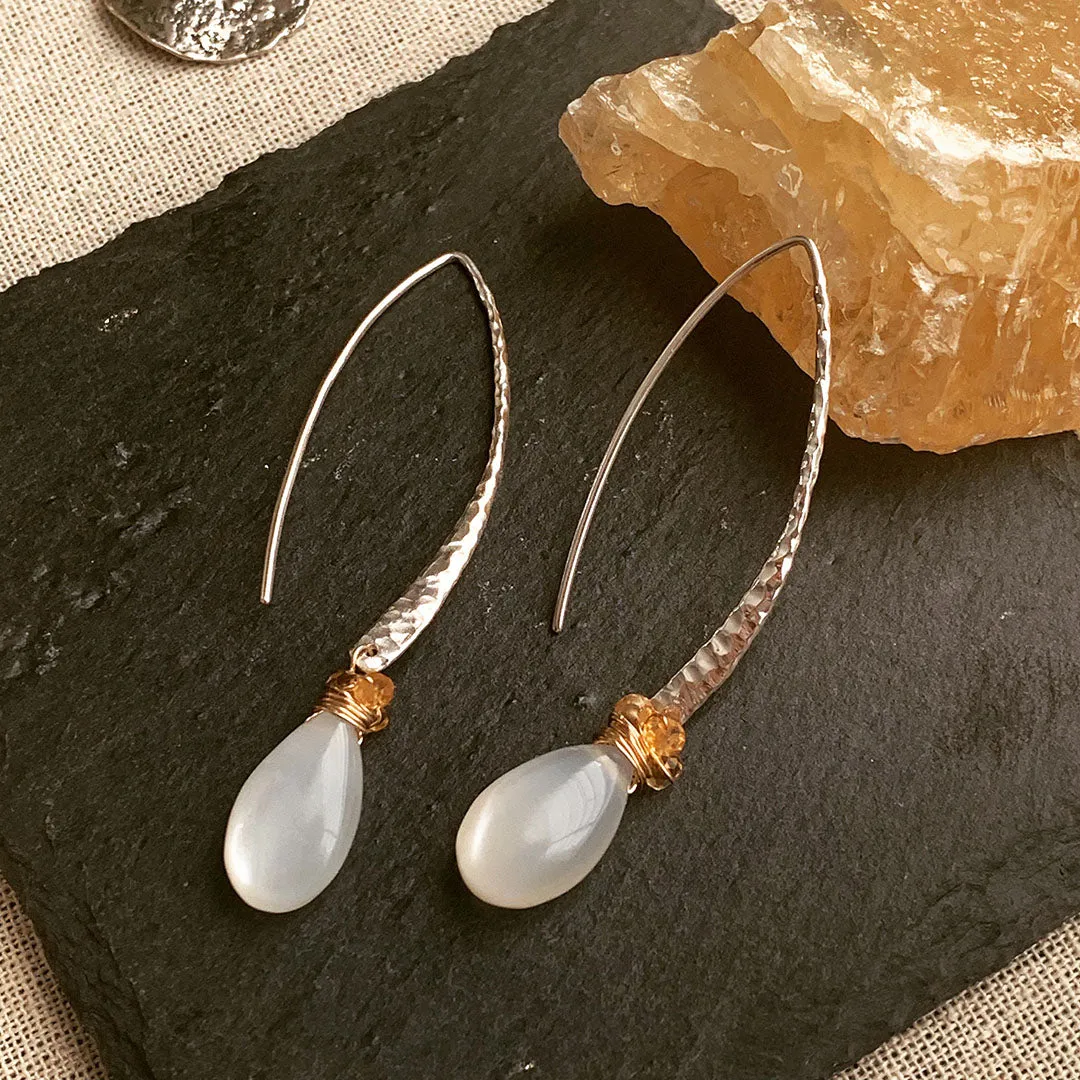 First Snow - Moonstone Hammered Sterling Silver Drop Hook Earrings