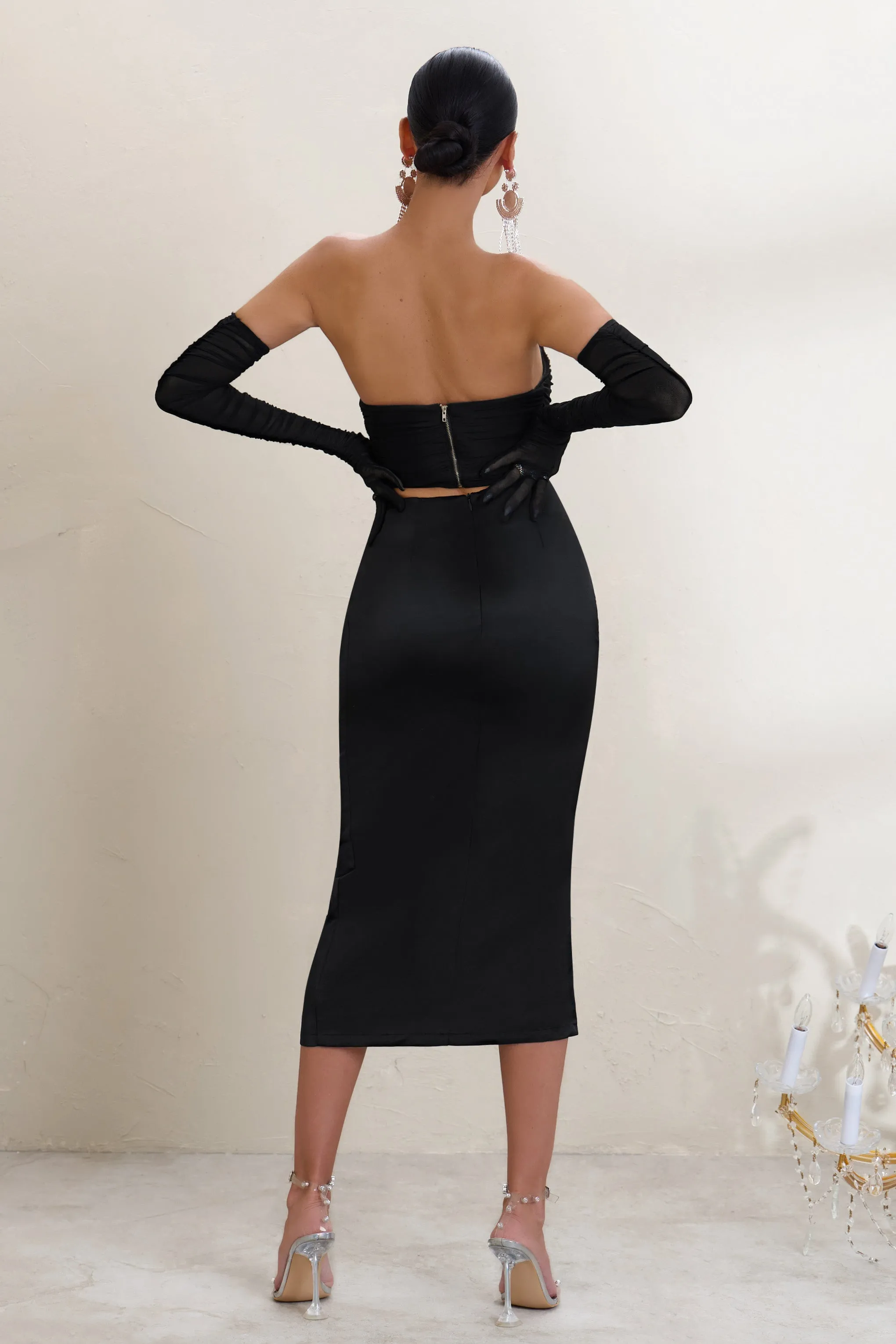 Freshen Up | Black High Waist Ruched Midi Skirt With Thigh Split