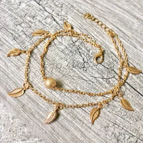 GOLD MULTI LAYER BOHO ANKLET / ANKLE BRACELET WITH LEAF AND BALL DESIGN